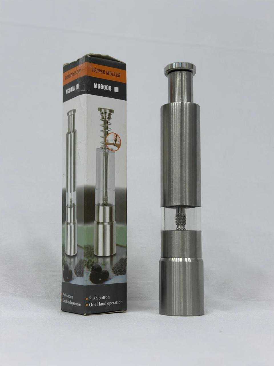 Stainless Steel Pepper Grinder – Push Button Spice Mill | One-Hand Salt & Pepper Grinder for Kitchen