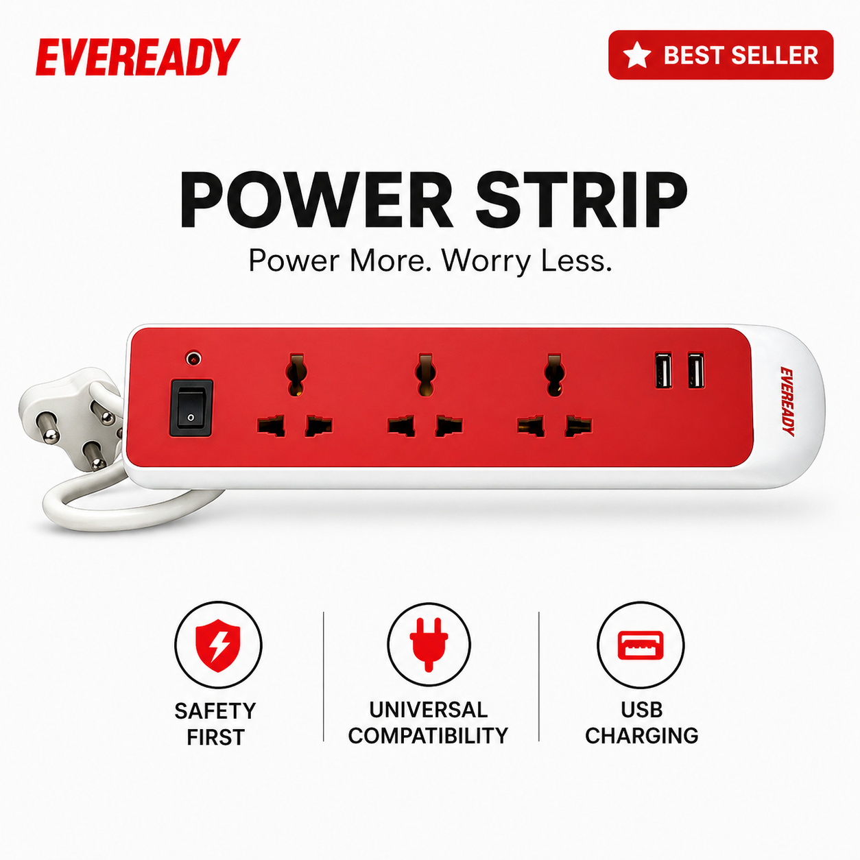 Multi Plug Extension Board with USB – 3 Socket Power Strip with Switch | Universal Extension Box for Home & Office