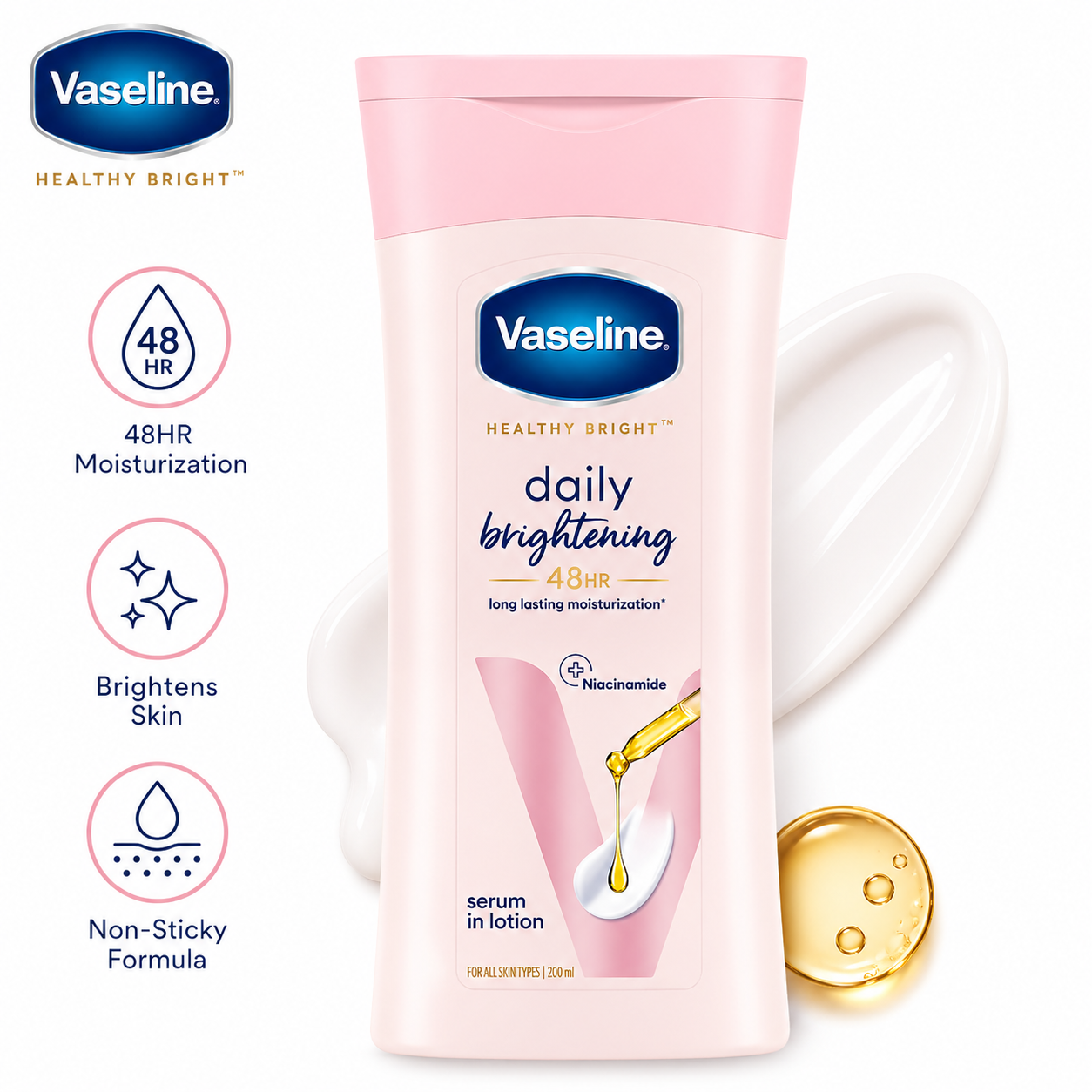 Vaseline Daily Brightening Body Lotion 100ML | 48Hr Moisturization with Niacinamide | Non-Greasy Skin Brightening Lotion for All Skin Types