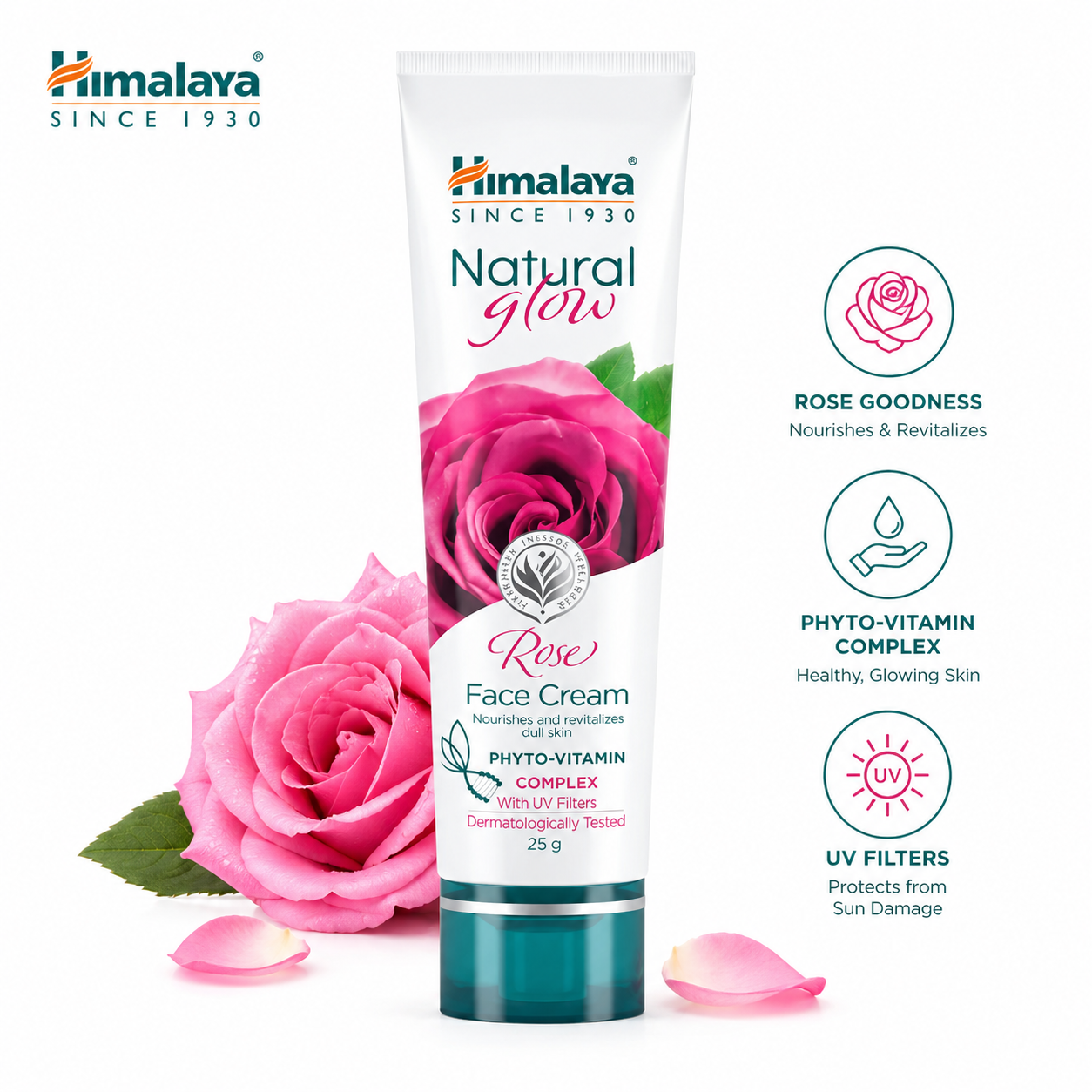 Himalaya Natural Rose Face Cream 25g | Daily Hydration & Natural Glow Boost | Nourishing Phyto-Vitamin Moisturizer with UV Protection for All Skin Types