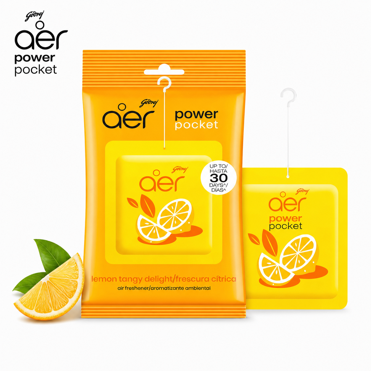 Godrej Aer Lemon Power Pocket Air Freshener | Long Lasting Citrus Fragrance | Odour Neutralizer for Bathroom, Car, Closet & Office | Easy Hang Freshener