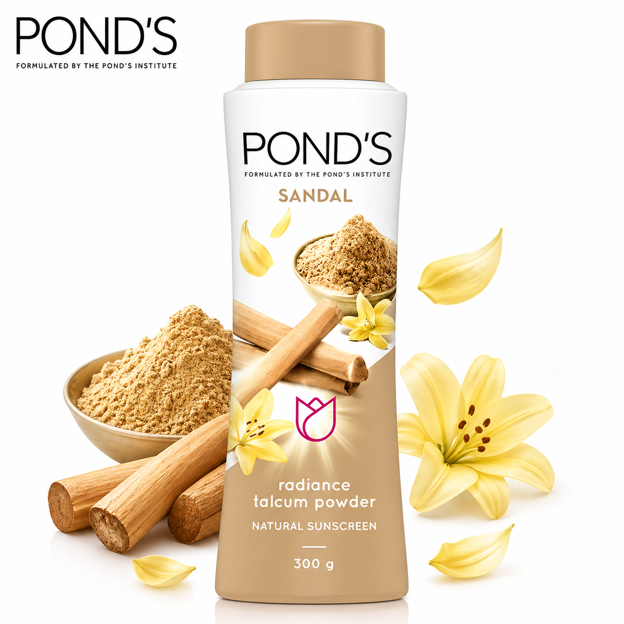 POND’S Sandal Radiance Talcum Powder 300g | Natural Sunscreen Body Powder with Sandalwood - Long Lasting Freshness & Soft Smooth Skin