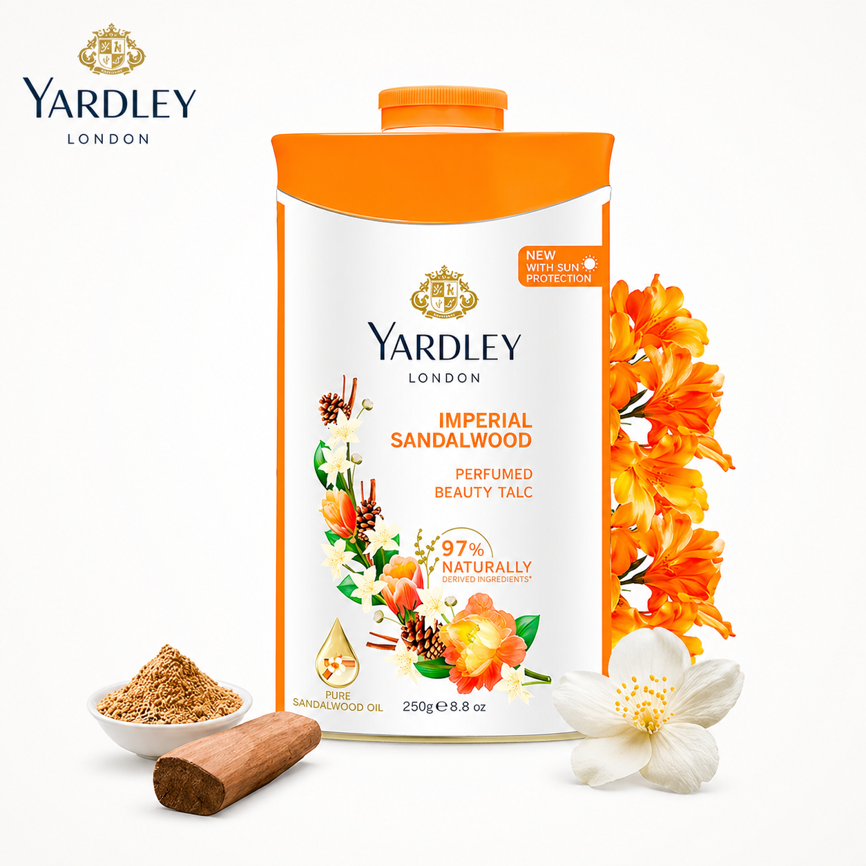 Yardley London Imperial Sandalwood Talc 250g | Long-Lasting Fragrance & Moisture Control | Silky Smooth Perfumed Body Powder for Daily Freshness
