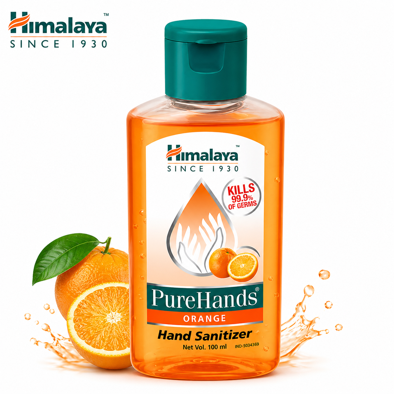 Himalaya PureHands Orange Hand Sanitizer 100ml | Kills 99.9% Germs & Refreshing Fragrance | Quick Dry Non-Sticky Sanitizer for Daily Protection