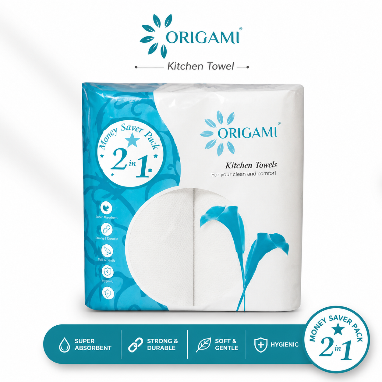 Origami Kitchen Towels 2-in-1 Pack | Super Absorbent & Strong Paper Towels | Multi-Purpose Cleaning, Wiping & Kitchen Use