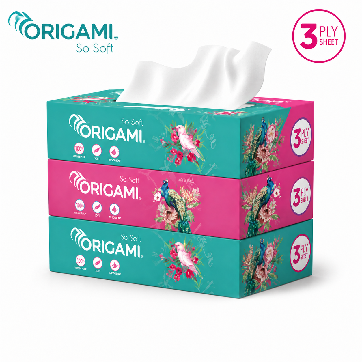 Origami Ultra Soft 3 Ply Facial Tissues 100N | Premium Soft & Strong Absorbent Tissue Paper | Gentle Everyday Use for Face, Home & Travel