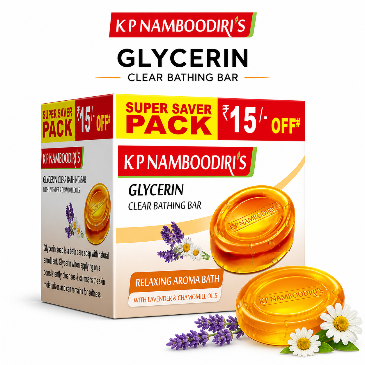 K.P Namboodiri’s Glycerin Lavender & Chamomile Bathing Soap 100g (Pack of 3) | Moisturizing Herbal Soap for Soft Skin & Relaxing Aroma | Gentle Family Care