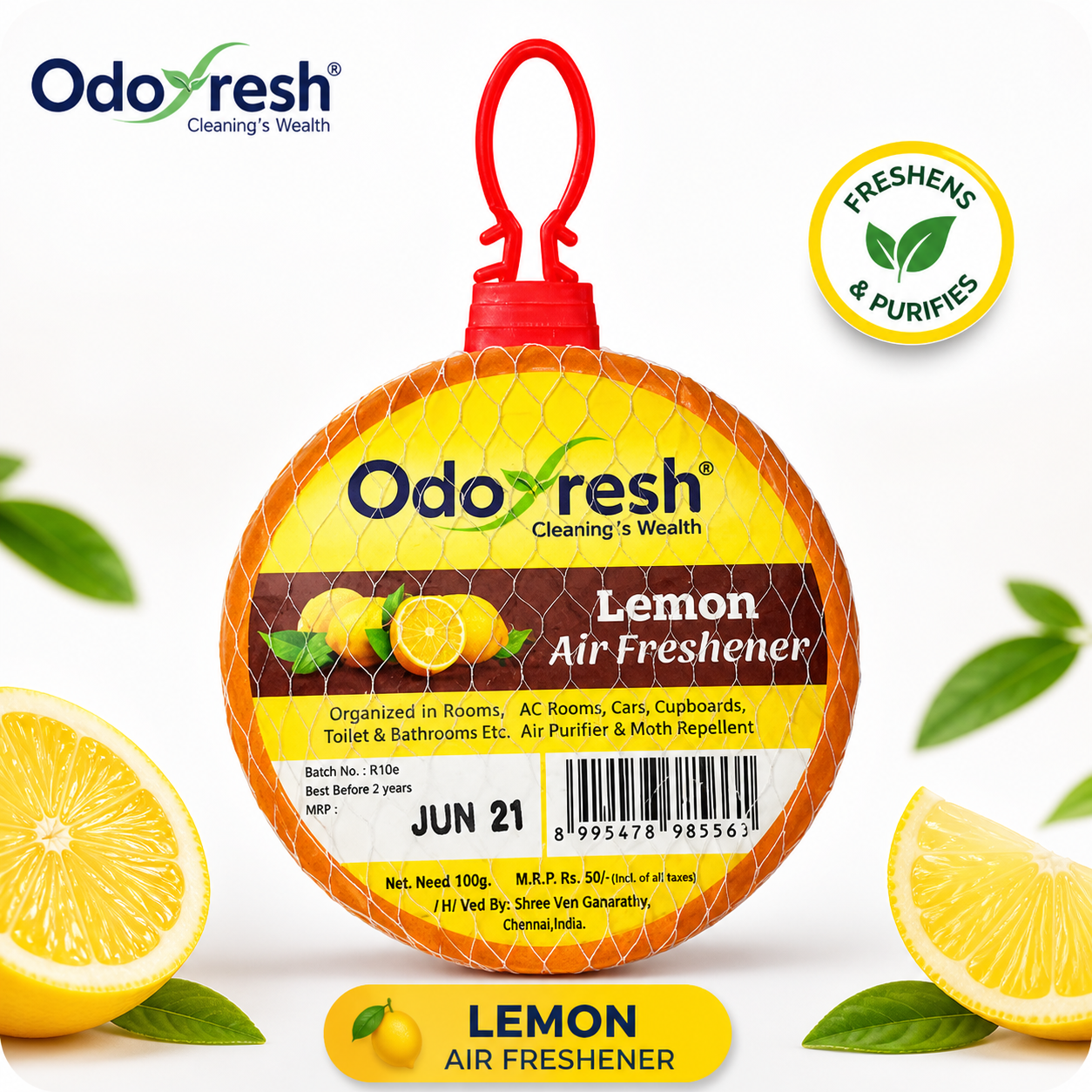 Odofresh Lemon Air Freshener 100G | Long Lasting Citrus Fragrance for Home, Bathroom, Car & Cupboard Use