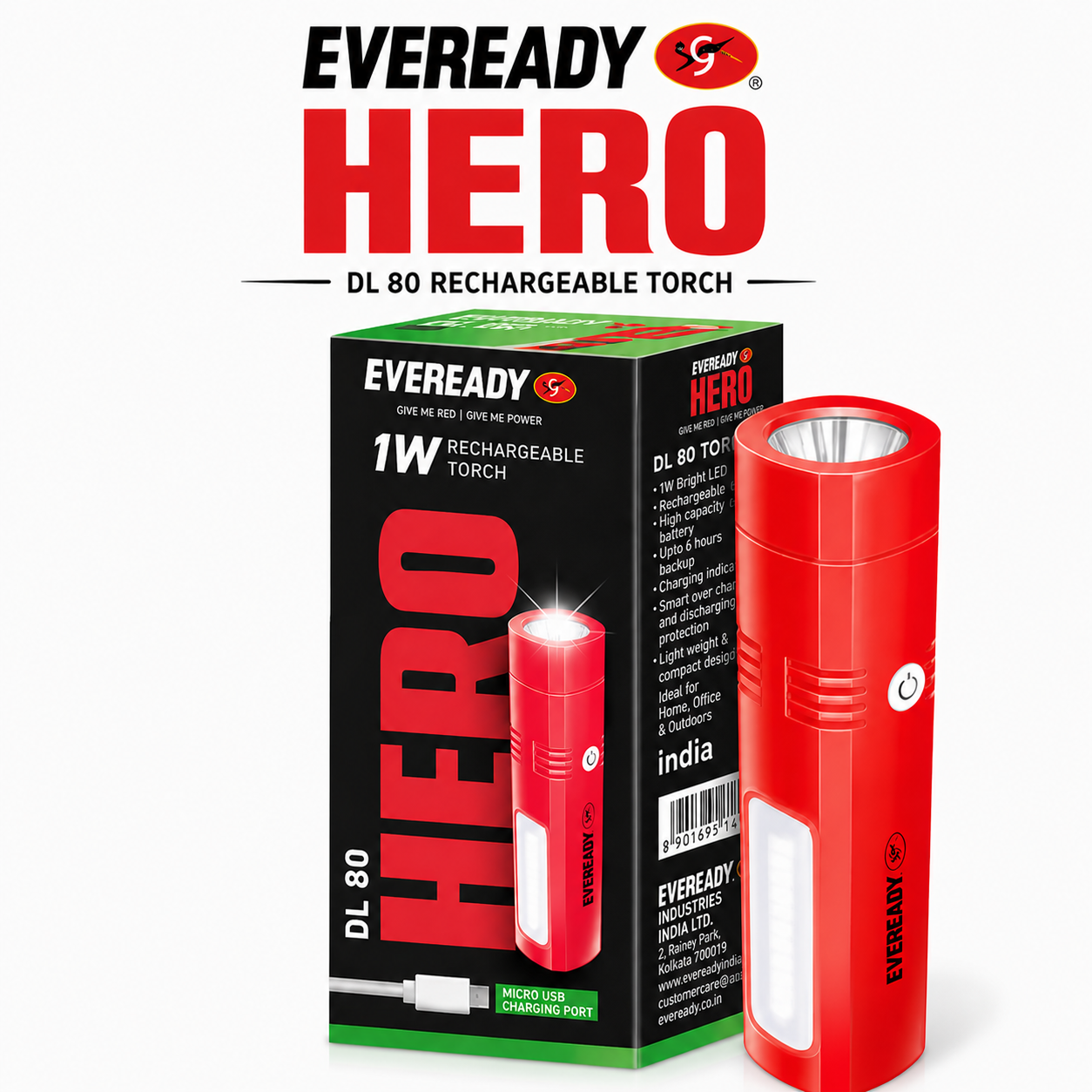 Eveready Hero Rechargeable Torch DL80 | 1W Powerful LED Flashlight with Long Range Beam & Micro USB Charging | Portable Emergency Light for Home, Travel & Outdoor Use