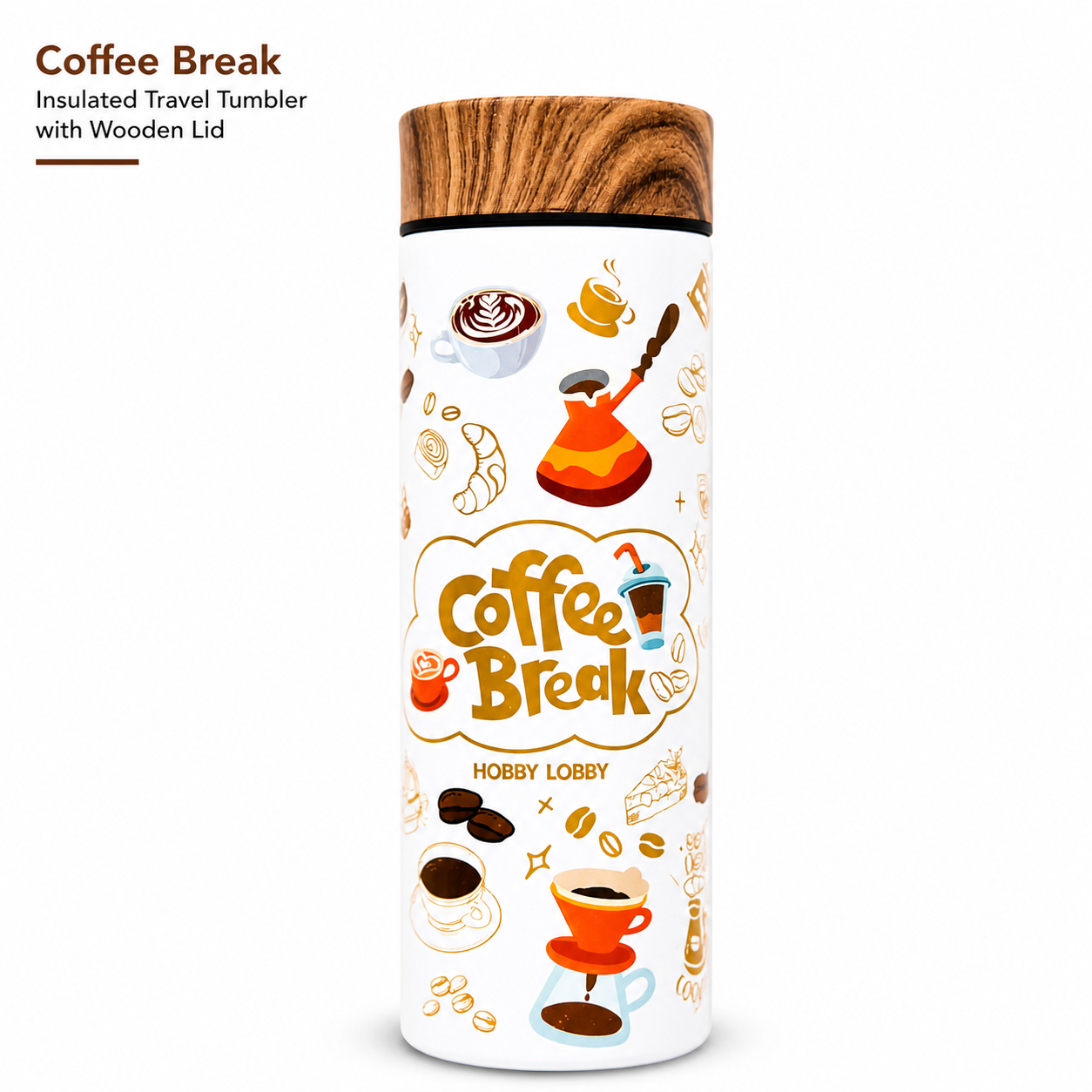Coffee Break Insulated Travel Tumbler with Wooden Lid | Stylish Stainless Steel Coffee Bottle for Hot & Cold Drinks | Leakproof Travel Mug for Office, Gym & Commute