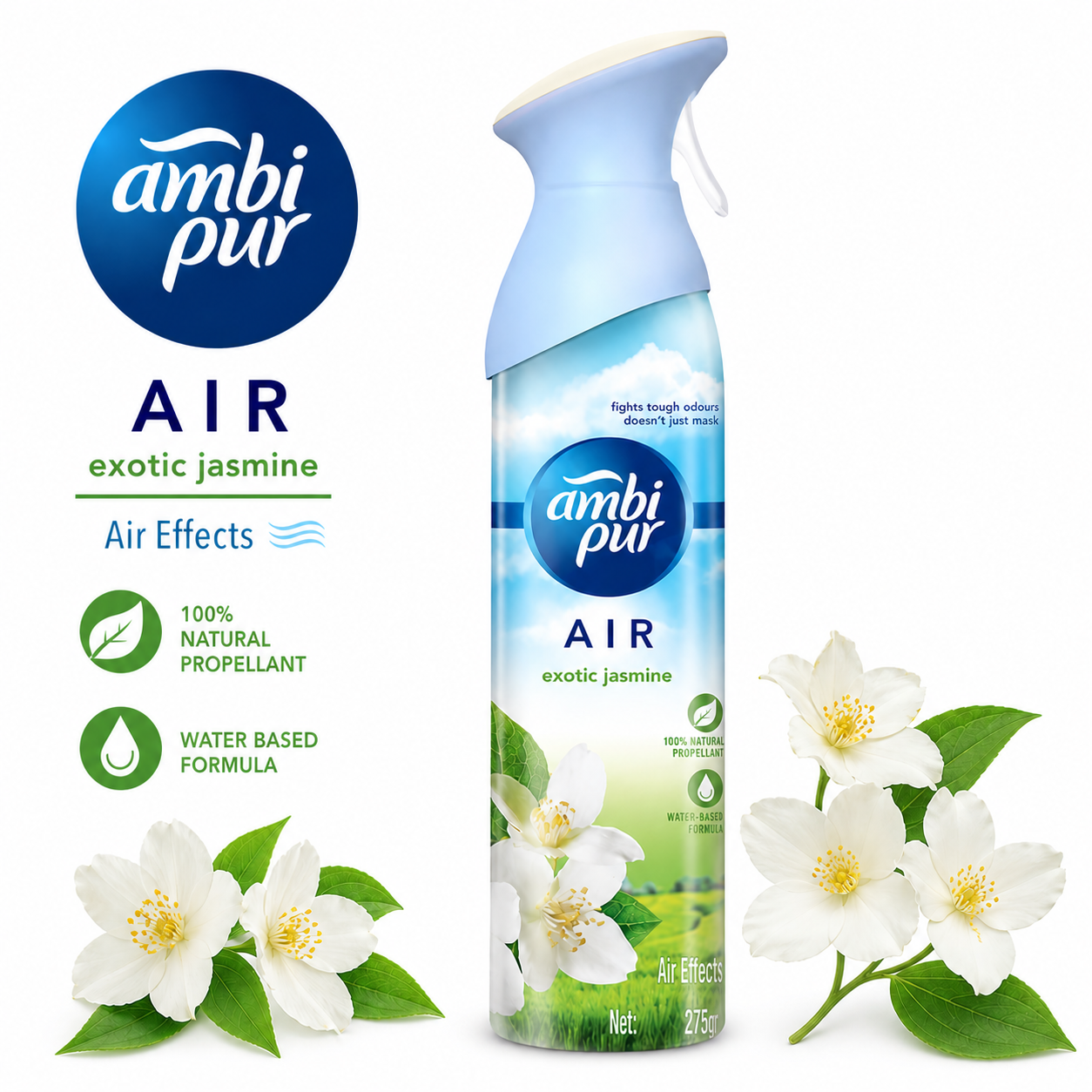 Ambipur Air Exotic Jasmine Spray 275G | Long-Lasting Odor Eliminator & Fresh Floral Room Fragrance for Home, Office & Car