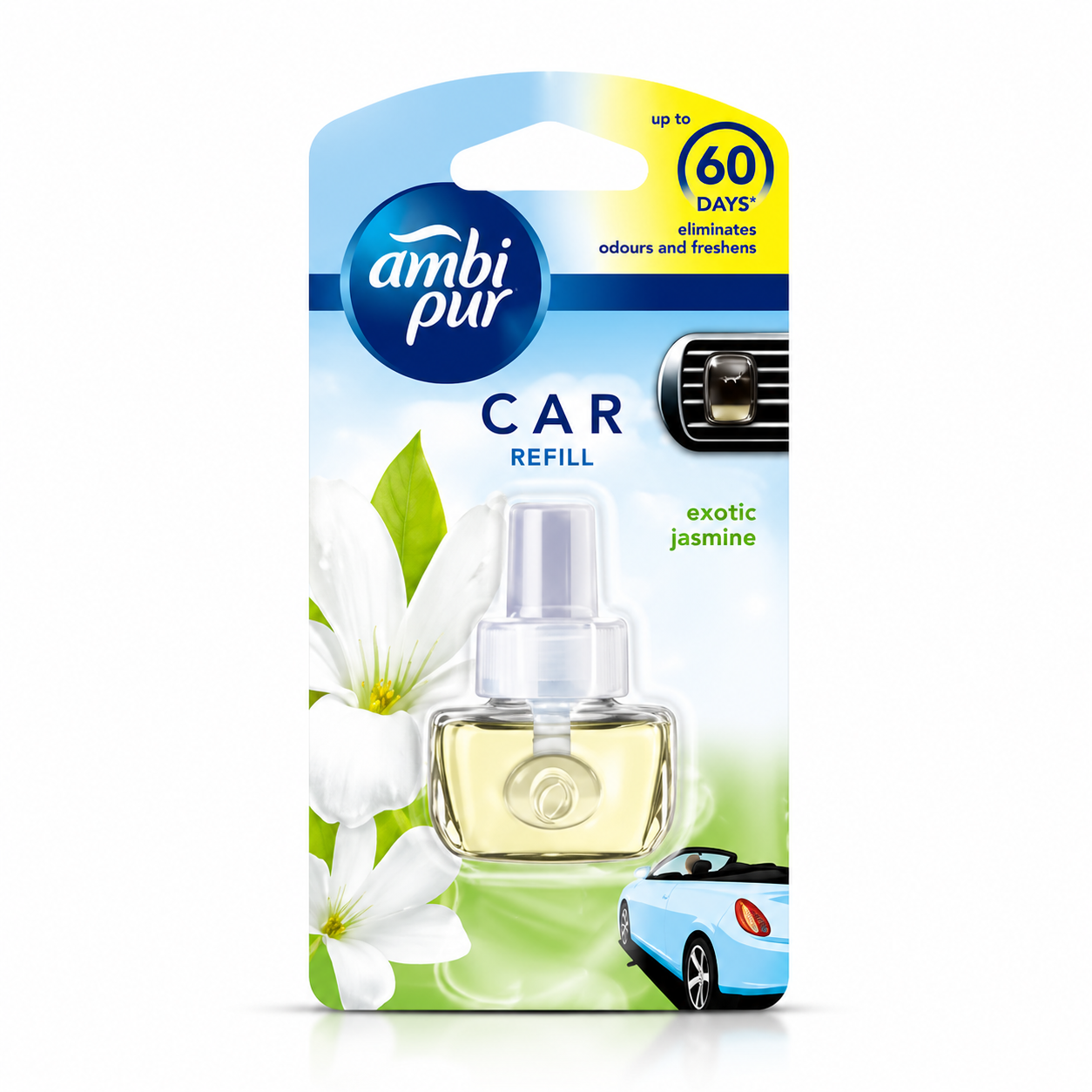 Ambi Pur Car Freshener Exotic Jasmine Refill | Long Lasting Car Air Freshener Up to 60 Days | Odor Eliminator for Fresh Drives & Pleasant Car Interiors