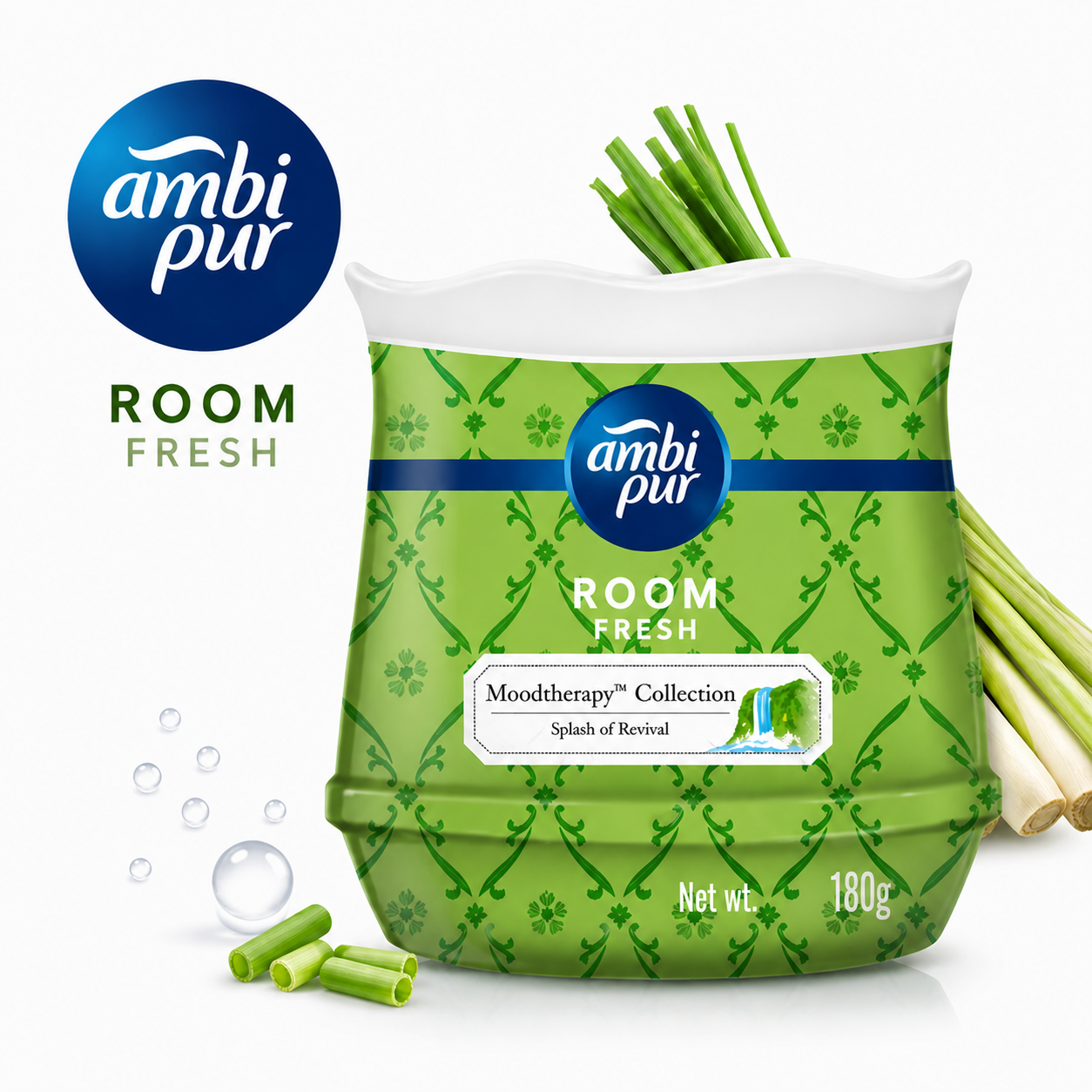 Ambipur Room Fresh Splash Of Revival Moodtherapy Lemongrass 180G | Long-Lasting Odor Neutralizer & Uplifting Home Fragrance Gel