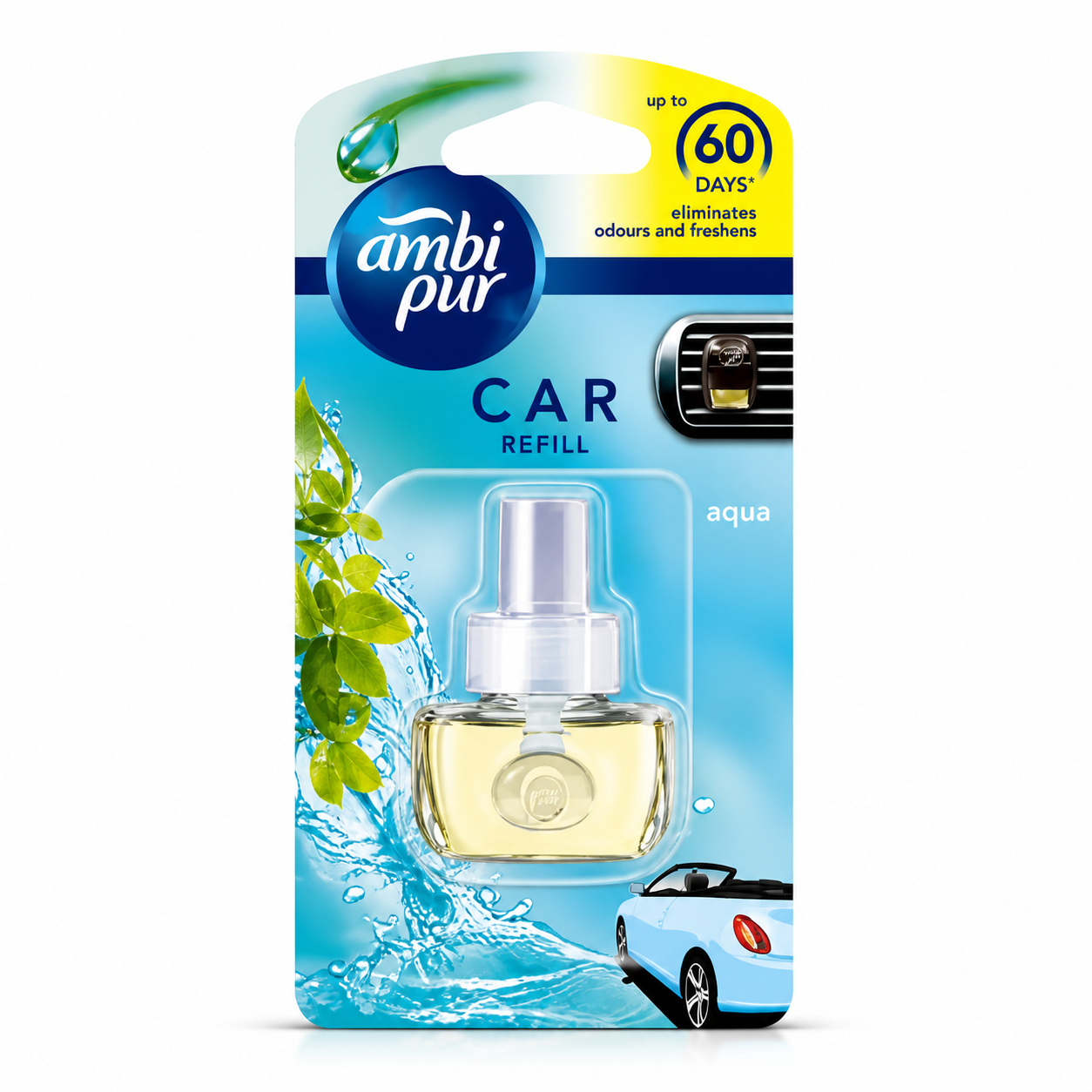 Ambi Pur Car Freshener Aqua Refill | Long Lasting Car Air Freshener Up to 60 Days | Odor Eliminator with Refreshing Aquatic Fragrance
