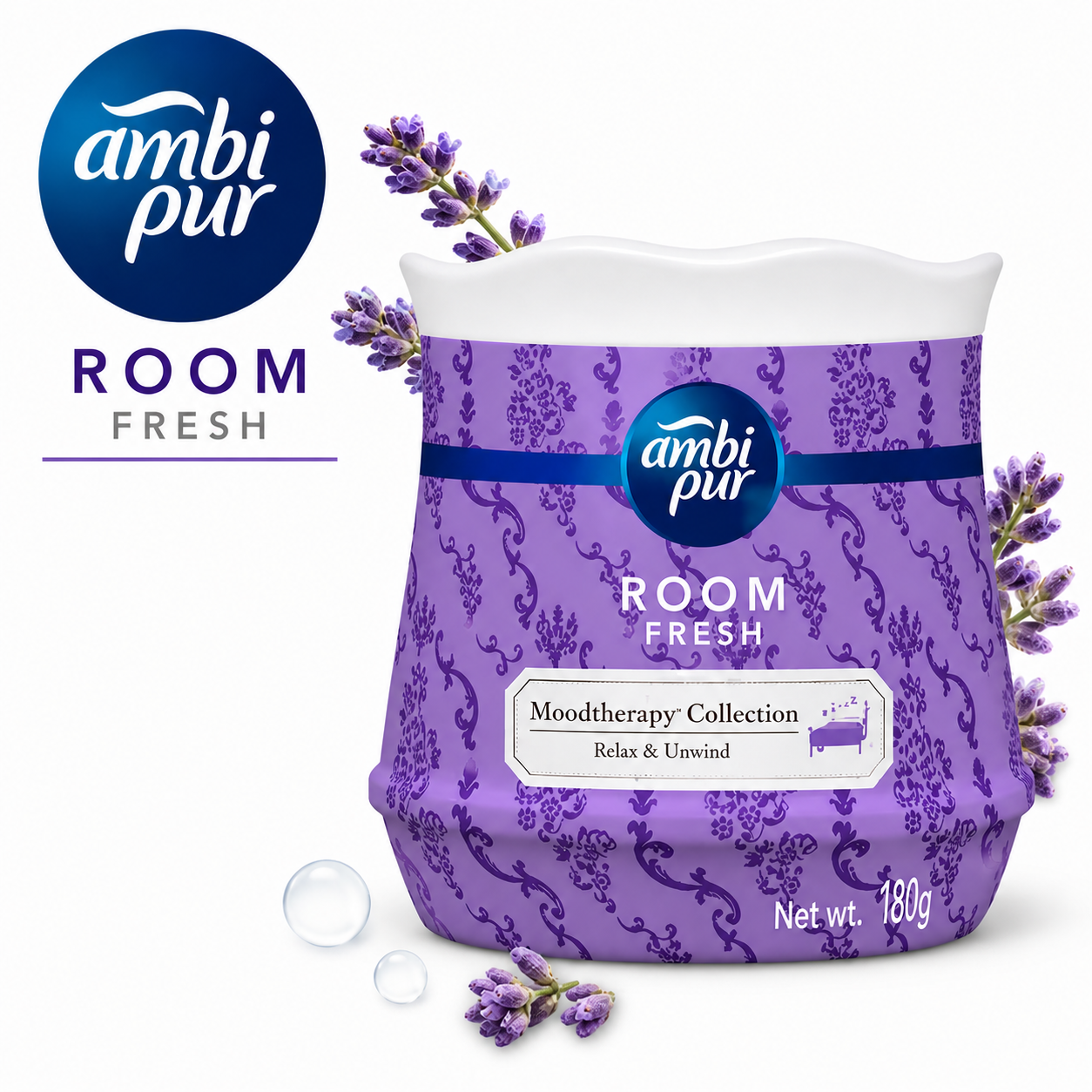 Ambipur Room Fresh Relax & Unwind Lavender Moodtherapy Gel 180G | Long Lasting Air Freshener & Odor Neutralizer for Home & Office