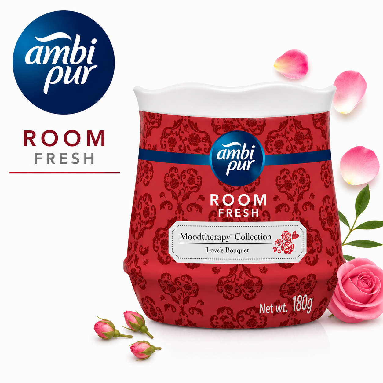 Ambipur Room Fresh Love’s Bouquet Moodtherapy Gel 180G | Romantic Floral Air Freshener & Long Lasting Odor Eliminator for Home