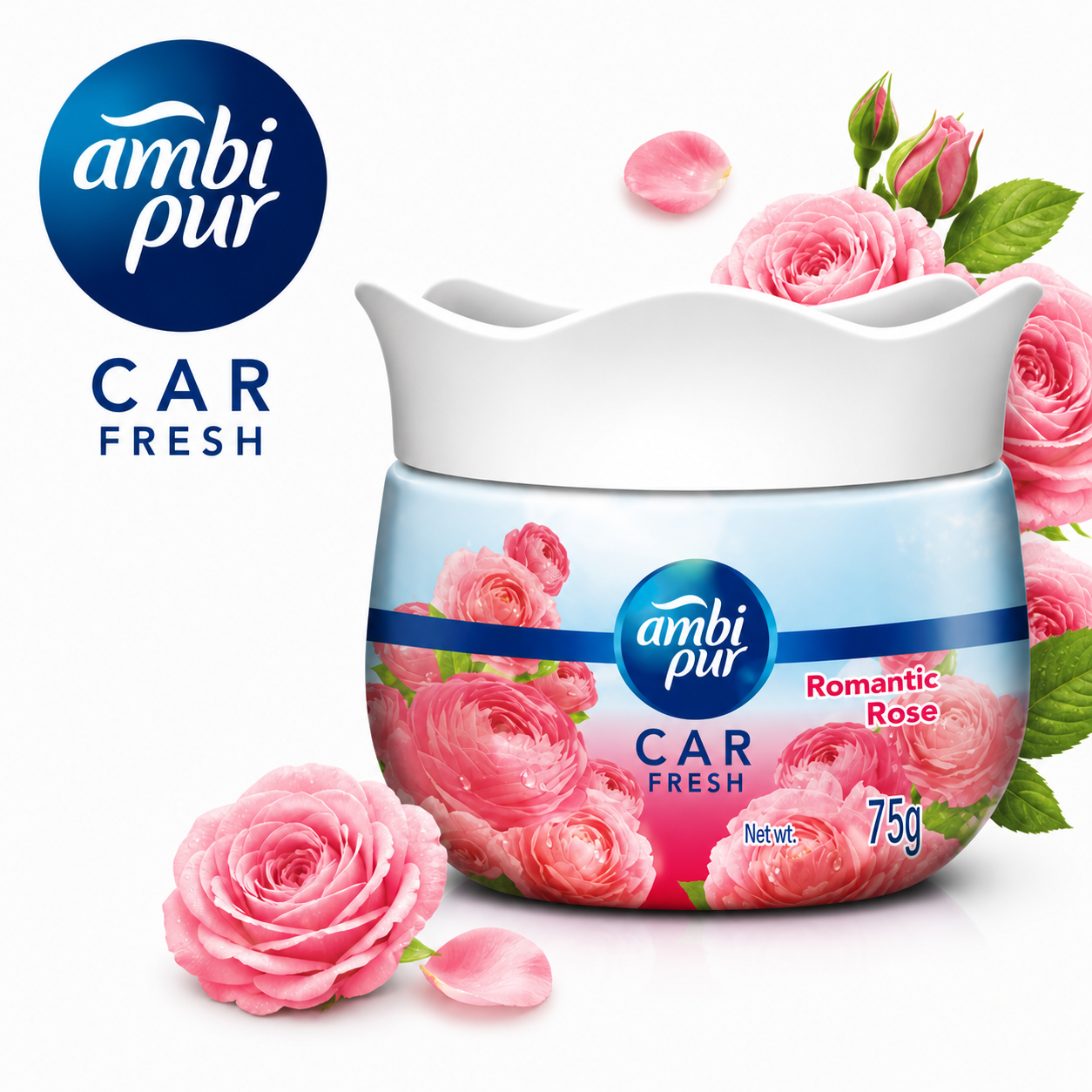Ambipur Car Fresh Romantic Rose Gel 75G | Long Lasting Car Air Freshener & Odor Eliminator for Dashboard Use