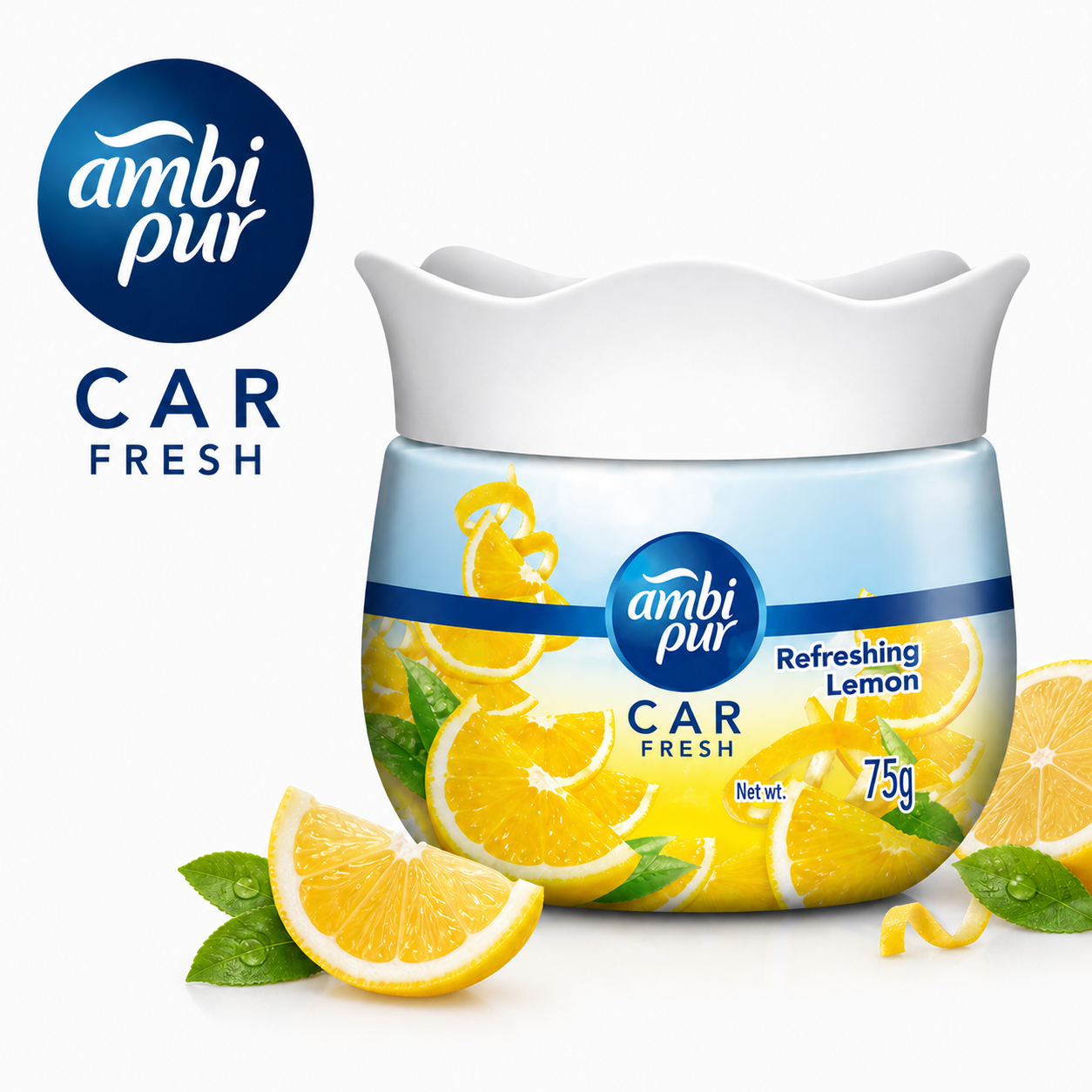 Ambipur Car Fresh Refreshing Lemon Gel 75G | Long Lasting Citrus Car Air Freshener & Odor Eliminator for Dashboard Use