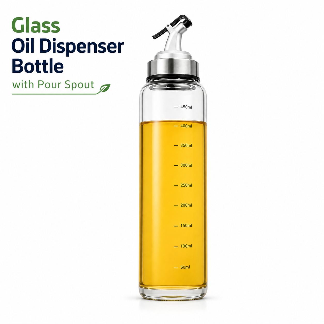 Glass Oil Dispenser Bottle with Pour Spout – Leakproof Kitchen Oil & Vinegar Bottle | Transparent Measuring Oil Container
