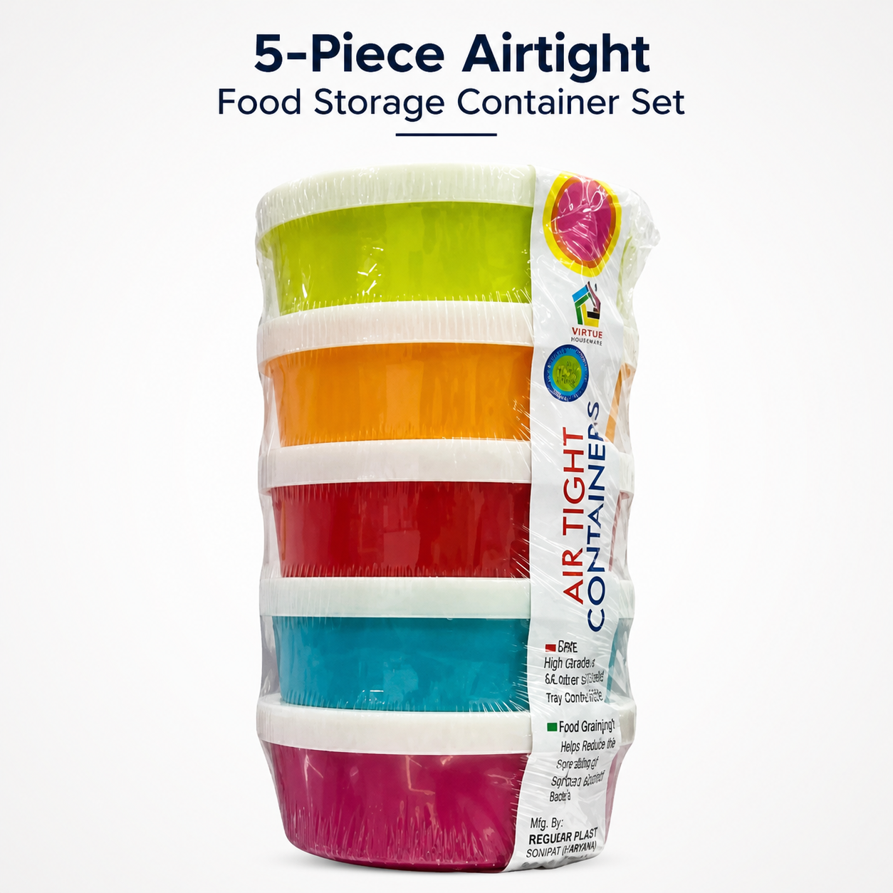 5-Piece Airtight Food Storage Container Set – Colorful Stackable Kitchen Boxes | Leakproof Plastic Containers for Snacks & Grocery Storage