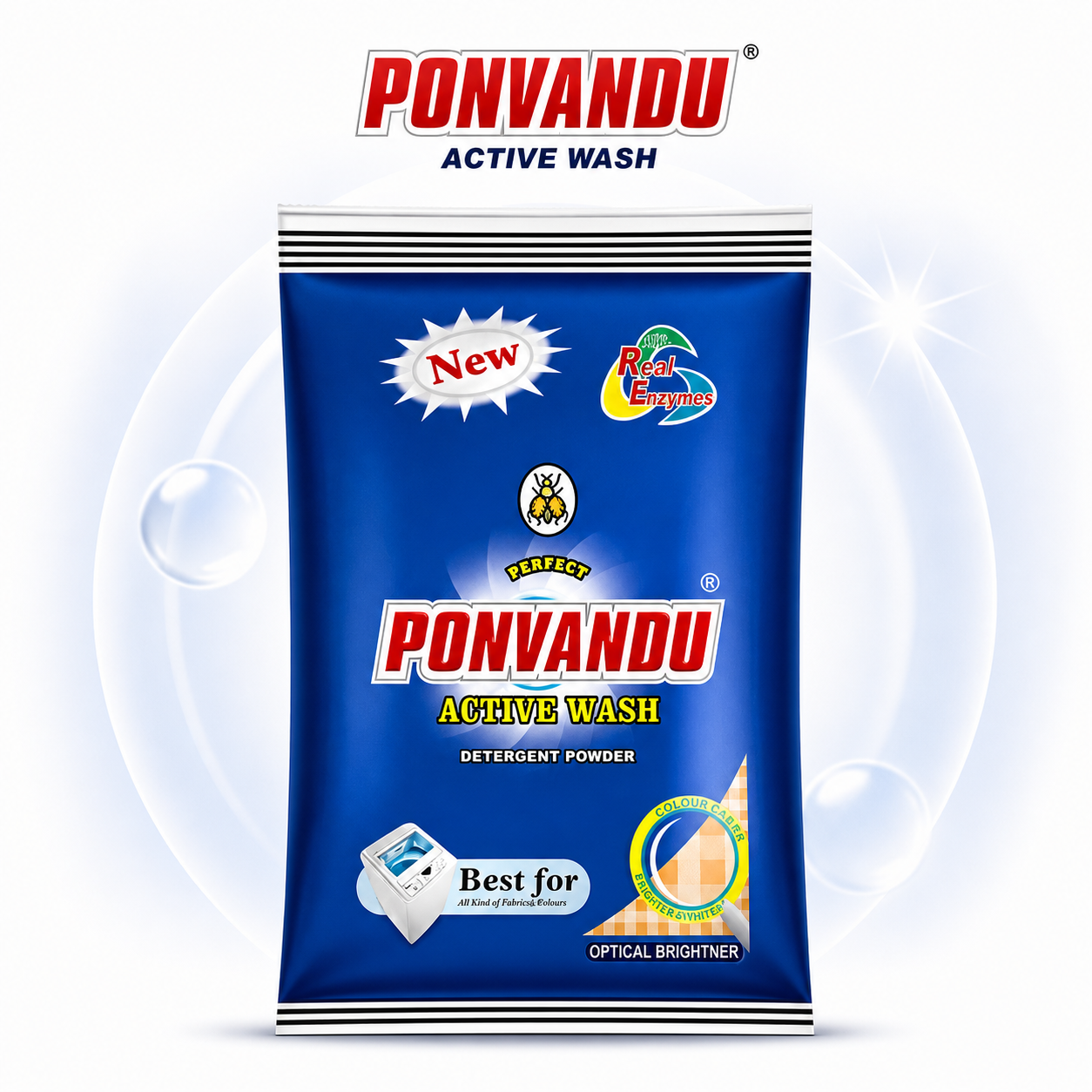 Ponvandu Active Wash Detergent Powder 100G | Deep Clean Stain Removal & Brighter Clothes – Machine & Hand Wash for All Fabrics