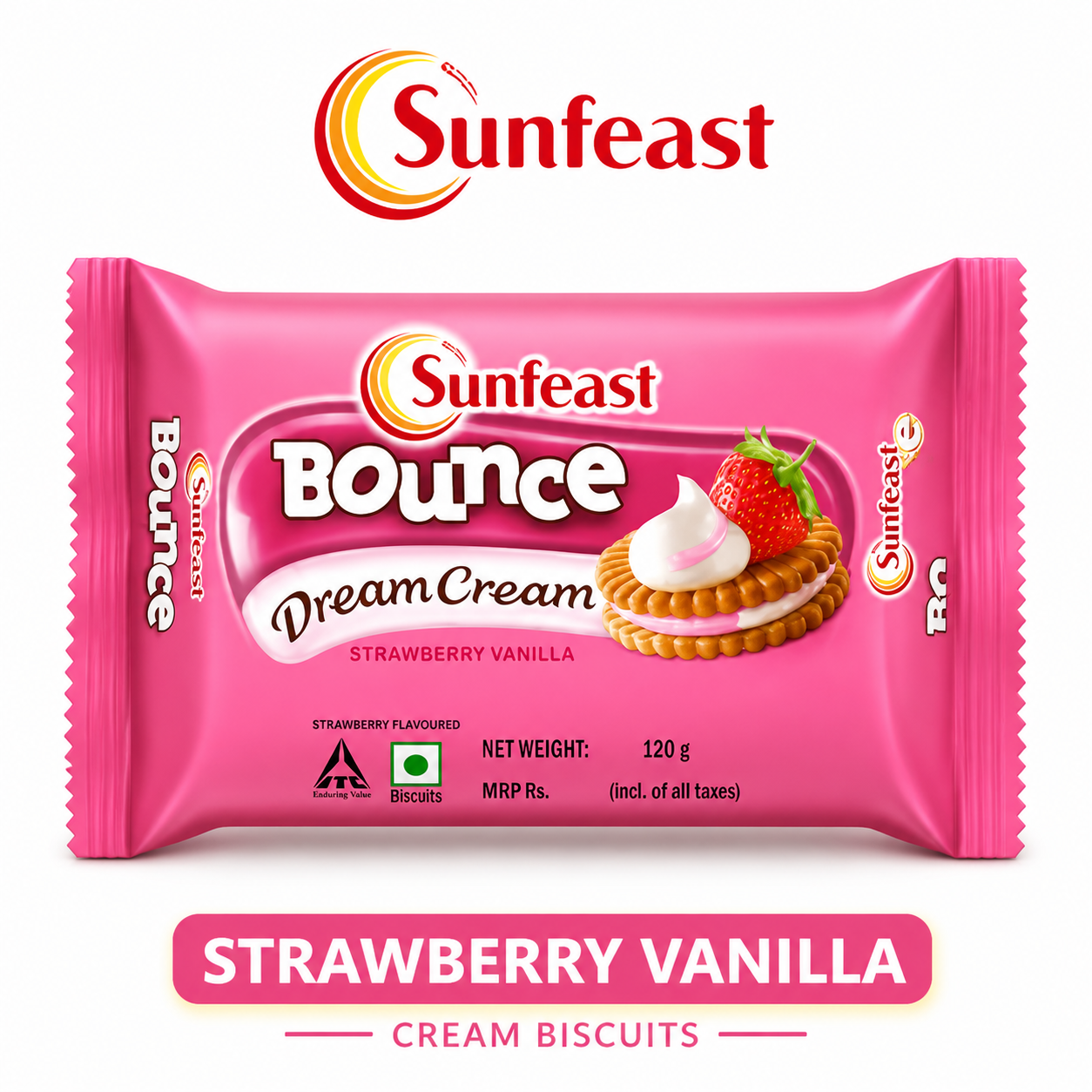Sunfeast Dream Cream Strawberry & Vanilla Biscuits 51G | Crispy Cream Sandwich Cookies – Sweet Snack for Kids, Tea Time & On-the-Go