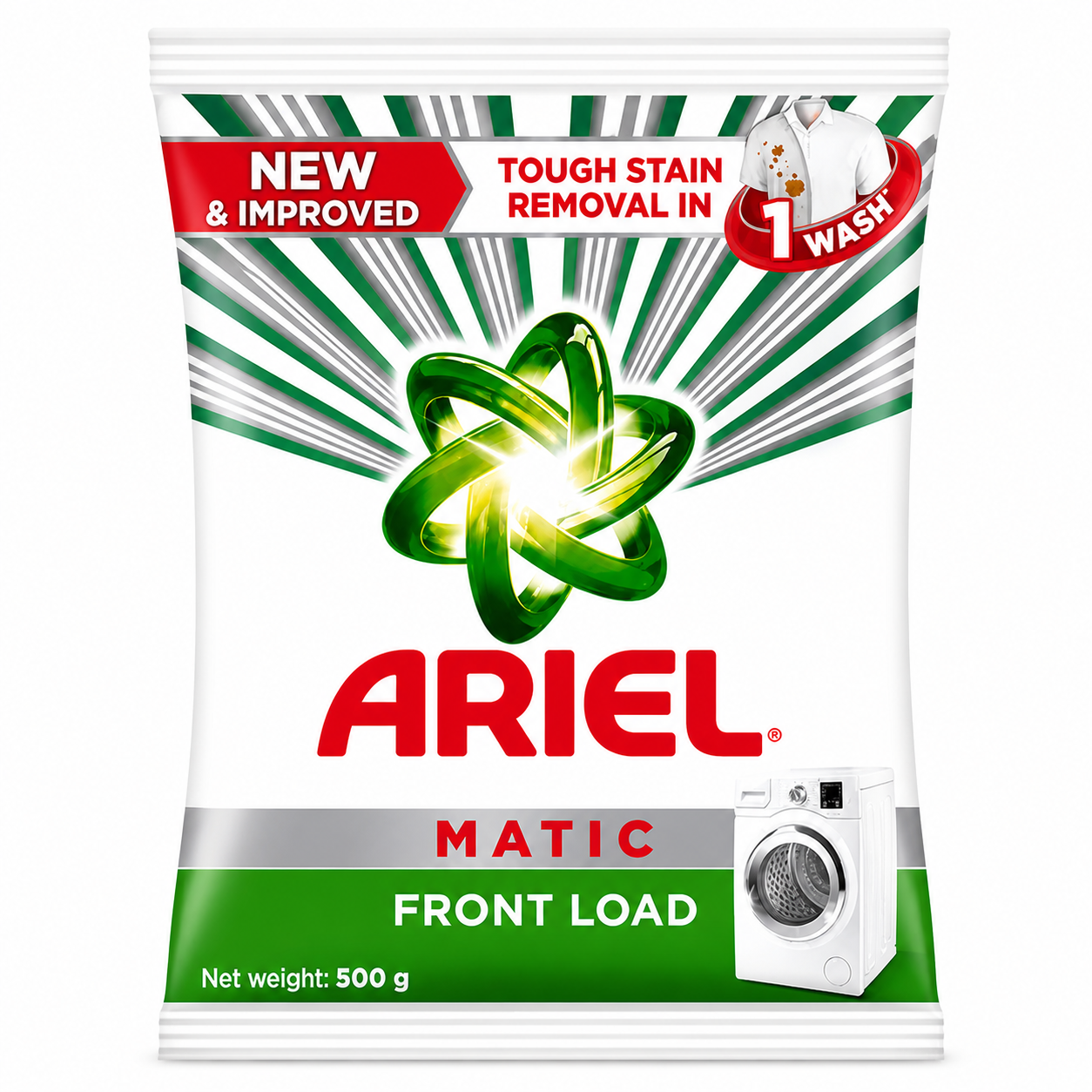 Ariel Matic Front Load Detergent Powder 500g | Tough Stain Removal & Bright Clothes – Advanced Cleaning for Front Load Washing Machines