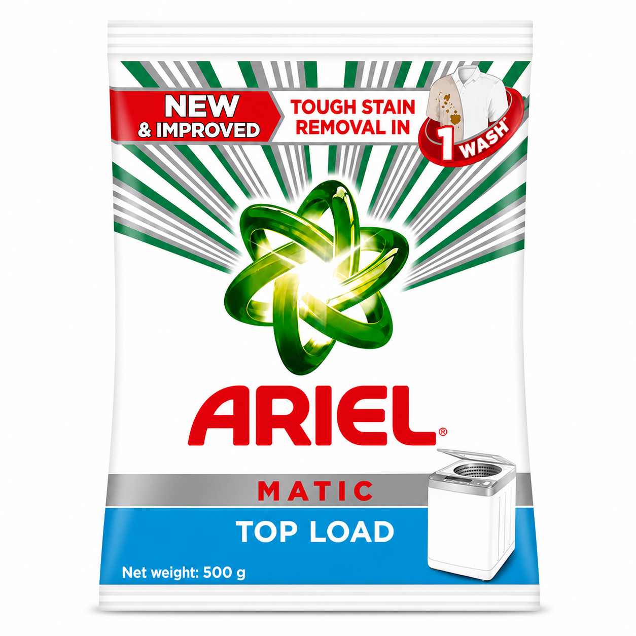 Ariel Matic Top Load Detergent Powder 500g | Tough Stain Removal in 1 Wash – Bright Clothes & Long Lasting Freshness for Top Load Machines