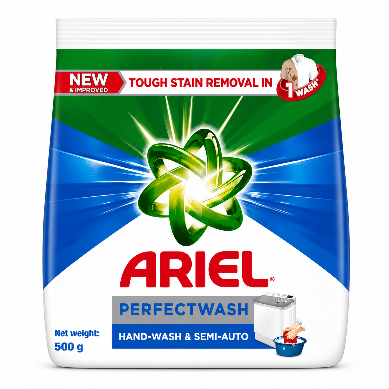Ariel PerfectWash Detergent Powder 500g | Deep Clean Tough Stain Removal – Hand Wash & Semi-Automatic Laundry Solution for Bright & Fresh Clothes