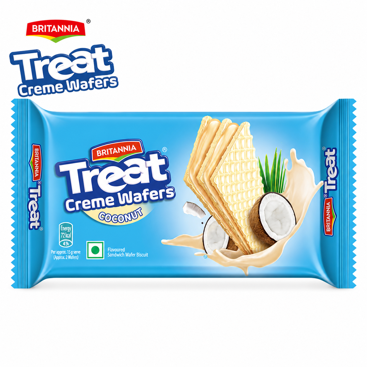 Britannia Treat Wafers Coconut 55G | Crispy Cream Wafer Biscuits – Coconut Flavored Snack | Light Crunchy Tea-Time Treat for Kids & Adults