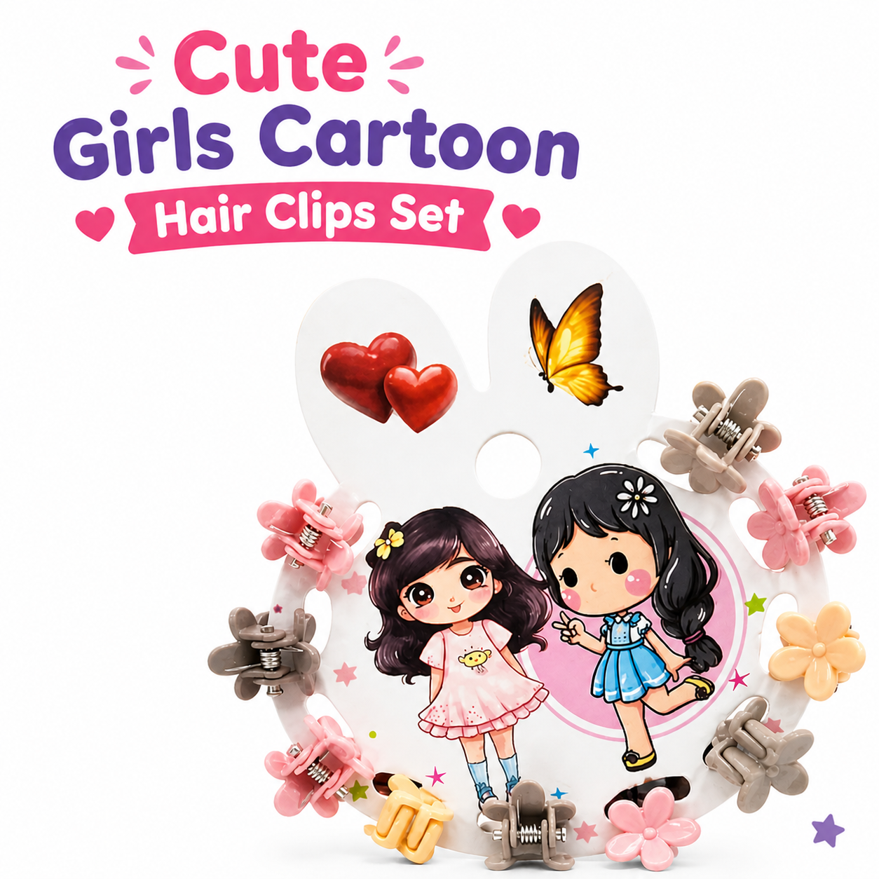 Cute Girls Cartoon Hair Clips Set – Butterfly & Flower Hair Accessories for Kids | Colorful Mini Hair Clamps Combo Pack