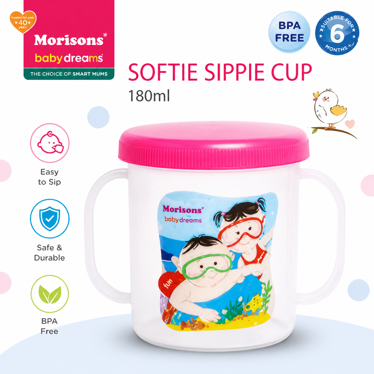 Morisons Baby Dreams Softie Sippie Cup 180ml | BPA-Free Spill-Proof Training Cup with Soft Spout & Easy Grip Handles for Babies 5+ Months
