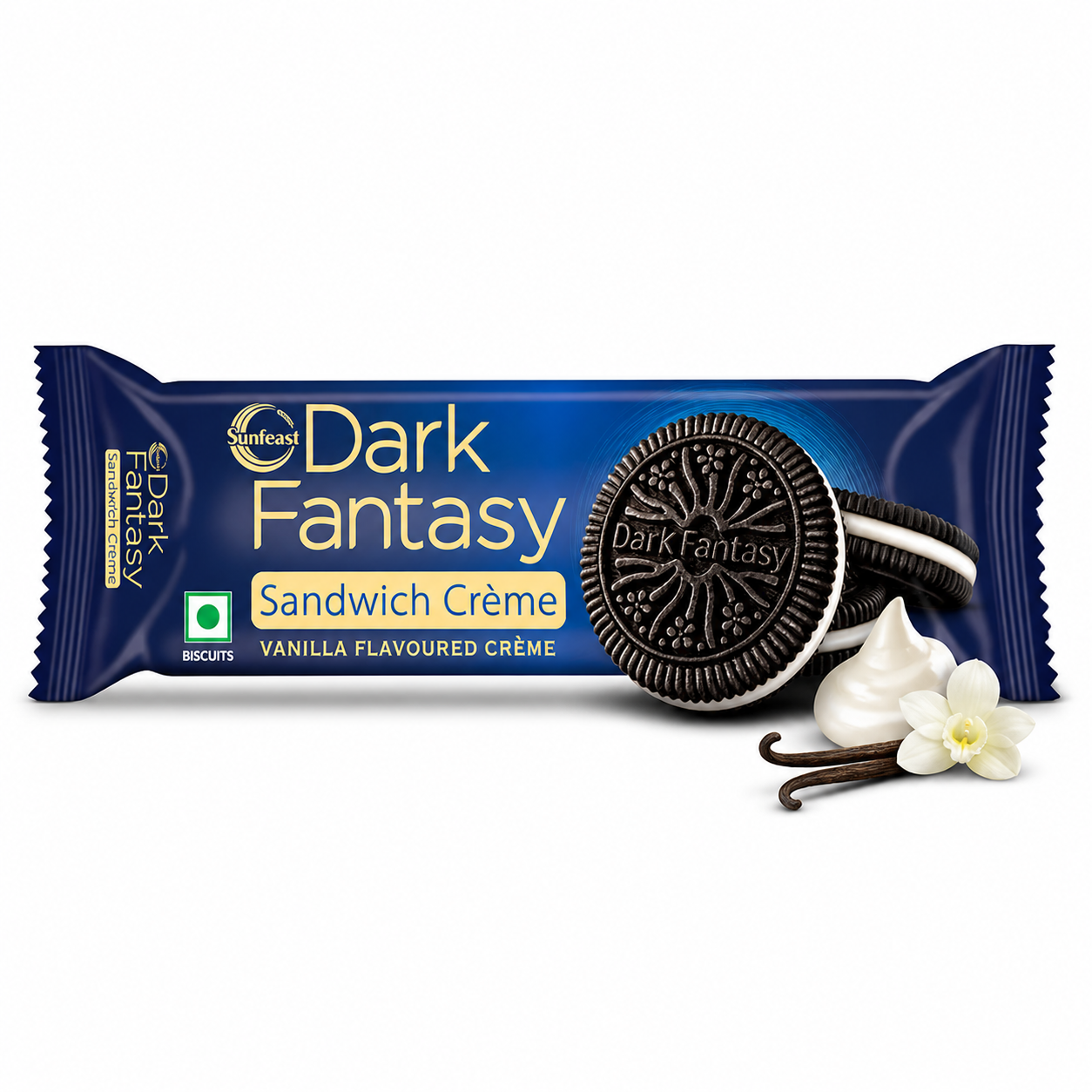 Sunfeast Dark Fantasy Sandwich Crème Vanilla Biscuits | Rich Cocoa Cookies with Smooth Vanilla Cream – Premium Tea Time Snack for All Ages