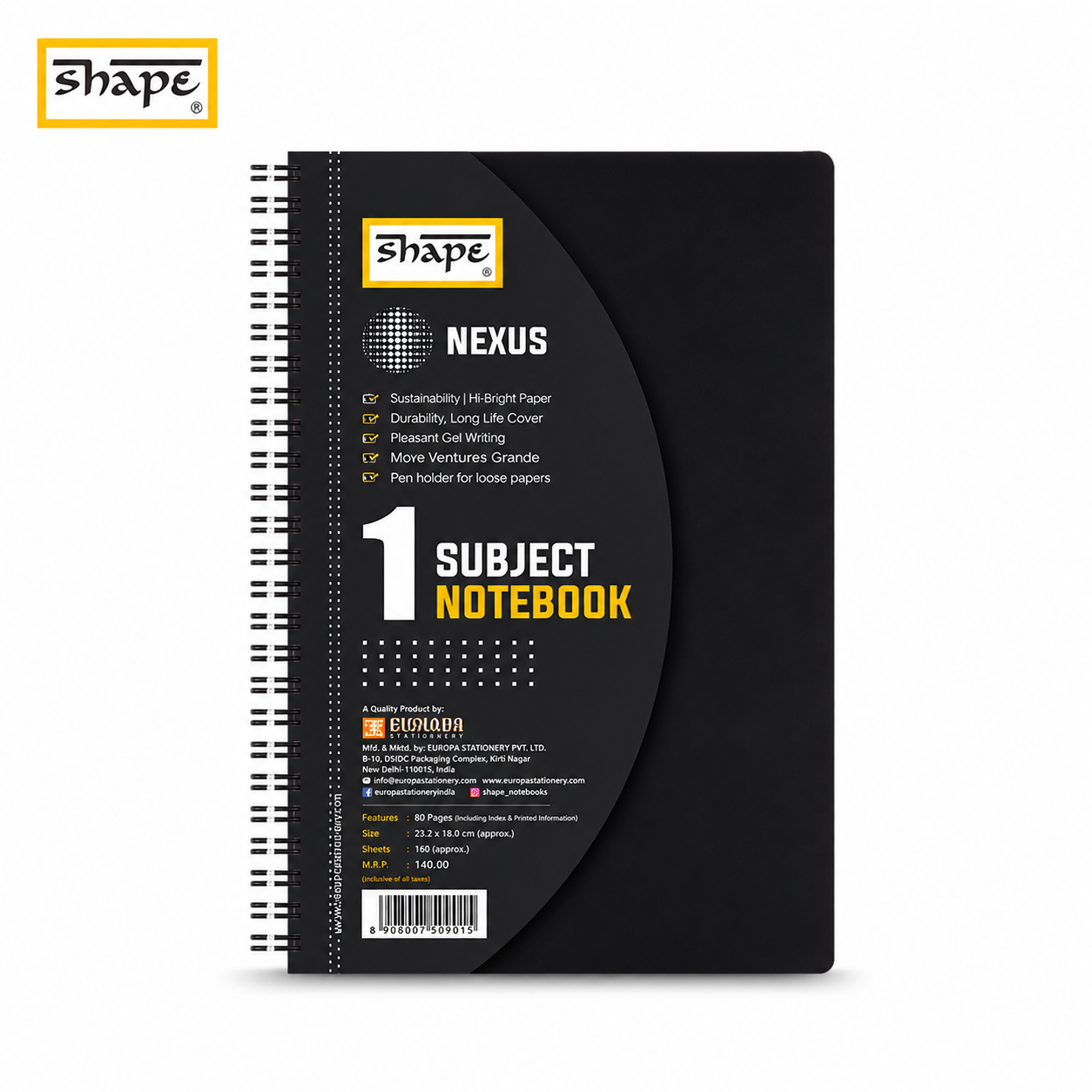 Shape Nexus 1 Subject Unruled Spiral Notebook 160 Pages – Premium Paper & Durable Cover | Smooth Writing A5 Notebook for Students, Office & Daily Notes