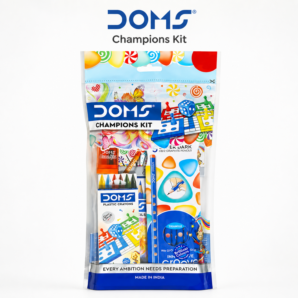 DOMS Champions Kit – All-in-One Stationery Set for Kids | School Essentials Kit with Crayons, Pencils & Accessories | Creative Learning & Travel Friendly