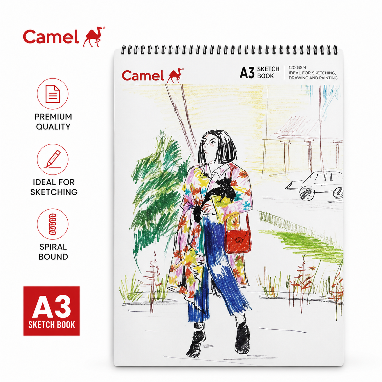 Camel Sketch Spiral Notebook 25 Pages | Premium Drawing Sketch Book – Smooth Paper, Durable Spiral Binding for Artists, Students & Creative Sketching