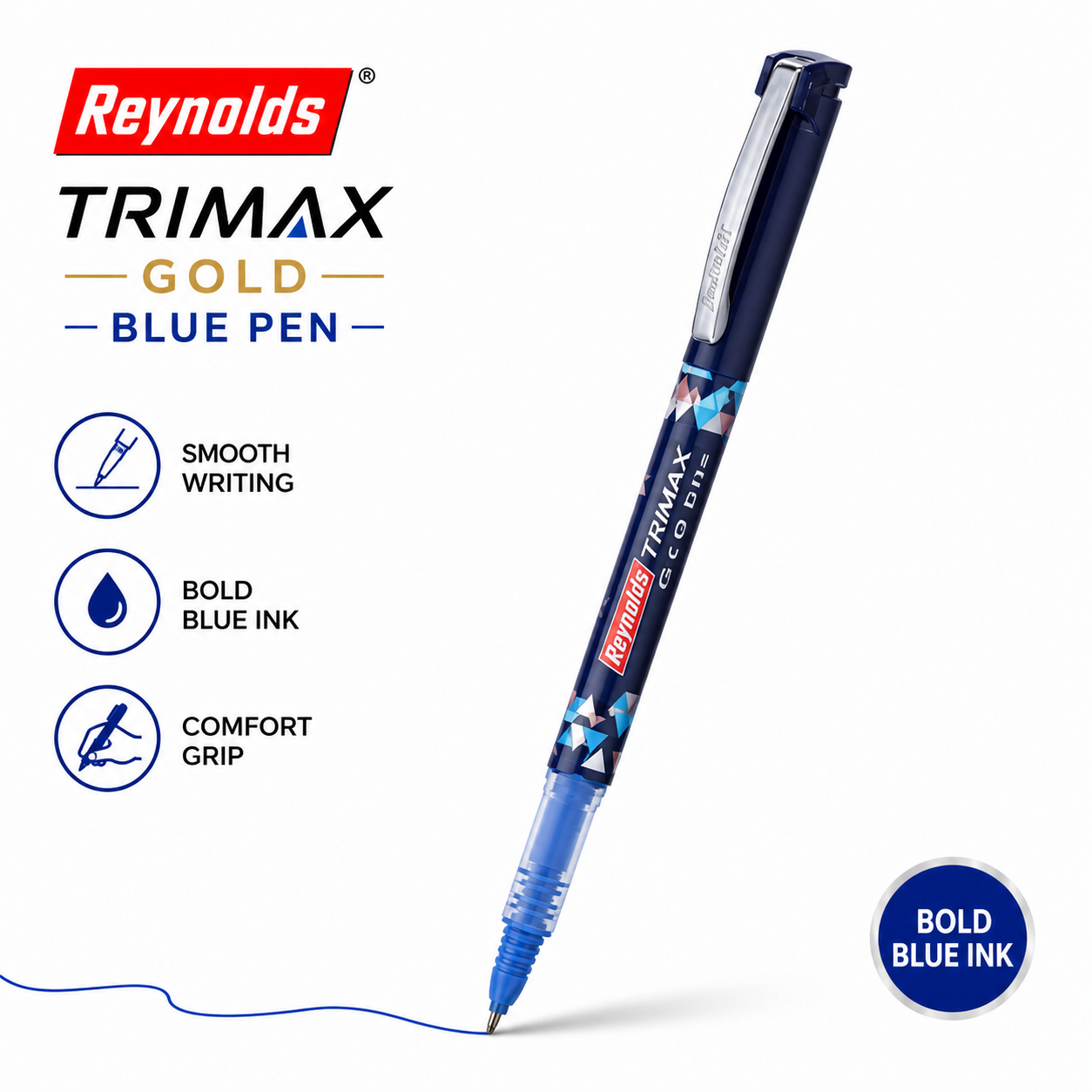 Reynolds Trimax Gold Blue Pen | Smooth Low-Viscosity Ink Pen – Comfortable Grip, Long Lasting Writing for Students, Office & Daily Use
