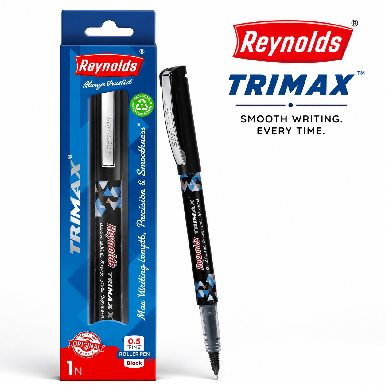 Reynolds Trimax Black Pen | 0.5mm Fine Tip Smooth Writing Pen with Comfort Grip & Refillable Design for Students, Office & Daily Use