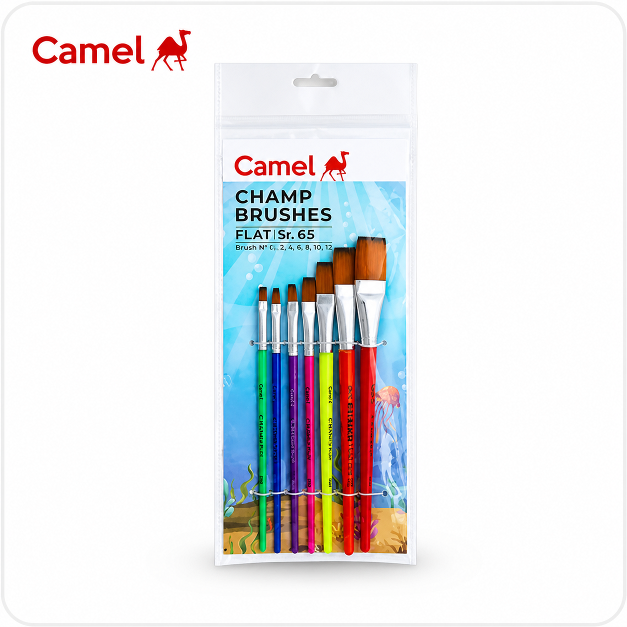 Camel Champ Flat Paint Brushes Set Sr.65 | Soft Bristles & Smooth Strokes | 7 Sizes Art Brush Kit for Watercolor, Acrylic, Poster & School Use