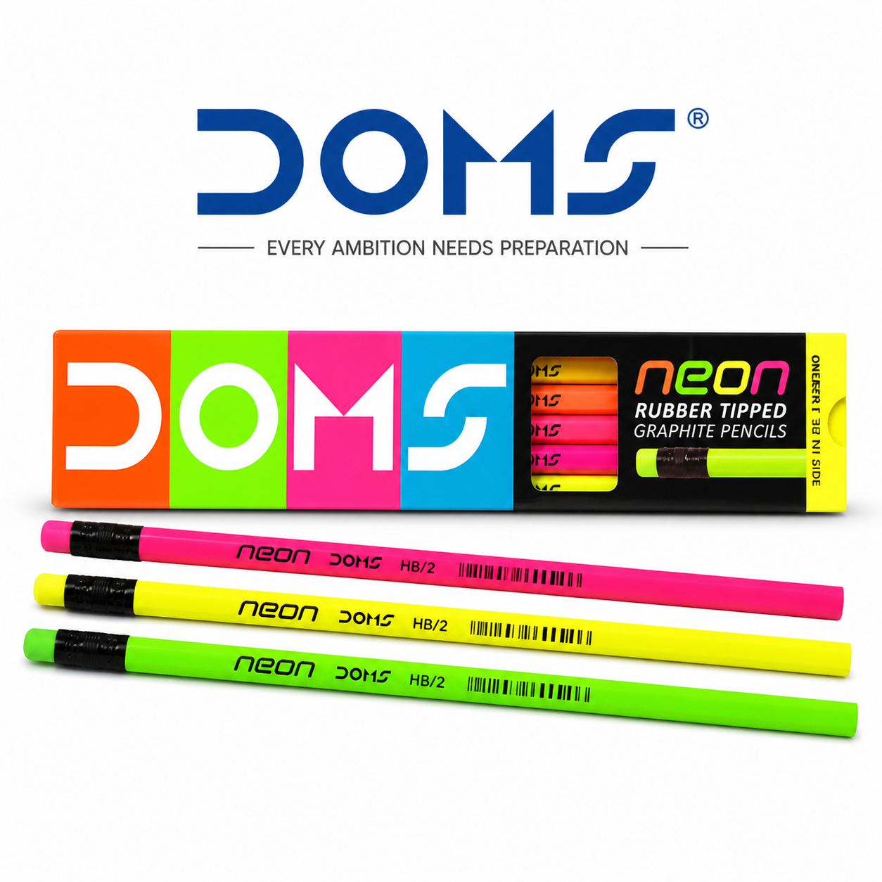 DOMS Neon Rubber Tipped Graphite Pencils | Bright Design, Smooth Writing & Built-in Eraser for Students, Sketching, Exams & School Use