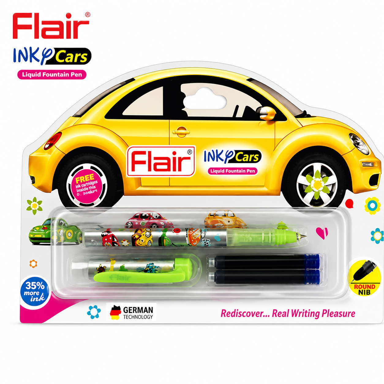 Flair Inky Cars Fountain Pen Set | Fun Car-Themed Writing Pen for Kids – Smooth Ink Flow with Extra Cartridges & Comfortable Grip