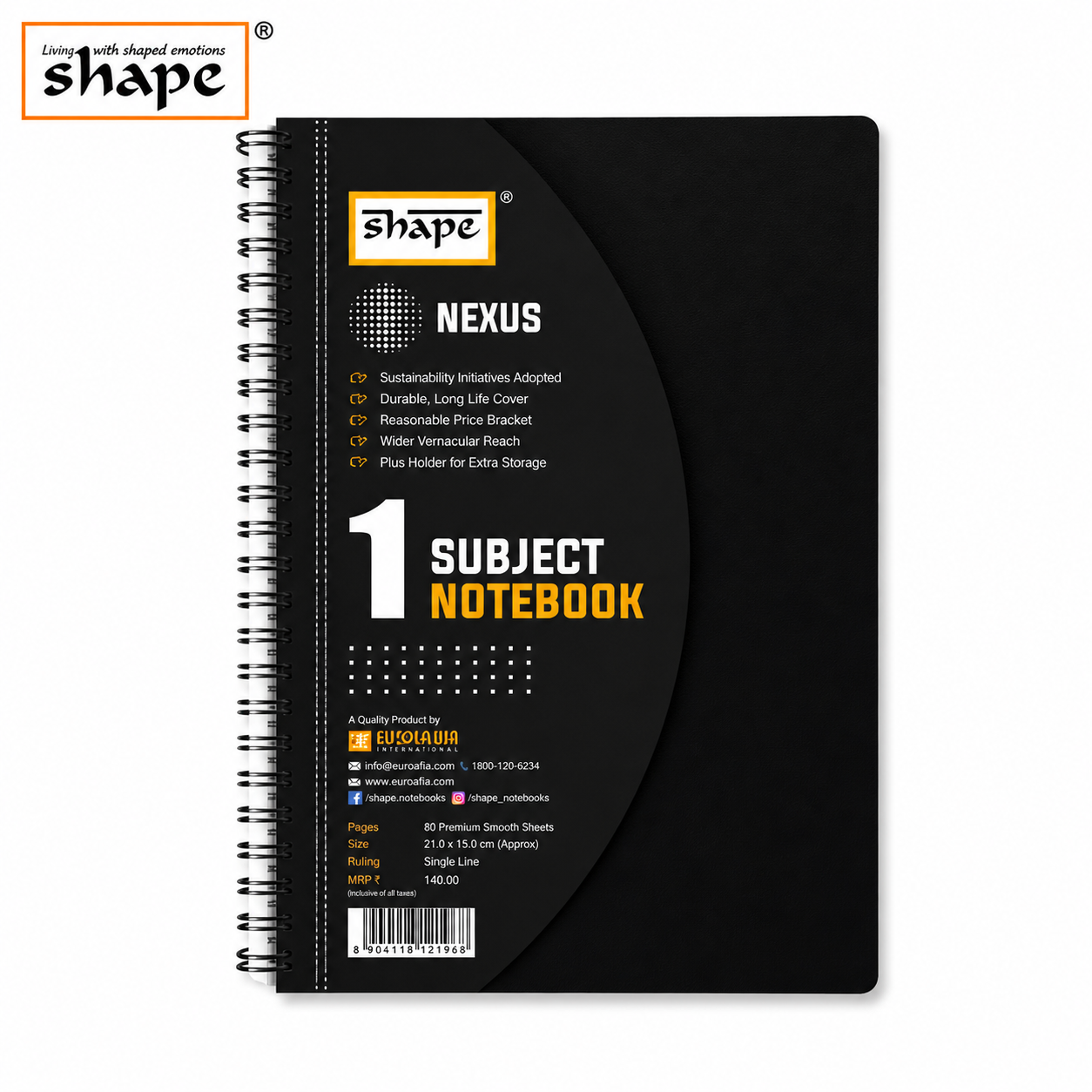 Shape Nexus 1 Subject Ruled Spiral Notebook 160 Pages | Premium Single Subject Note Book with Durable Cover, Micro Perforated Sheets & Pen Holder for Students & Office