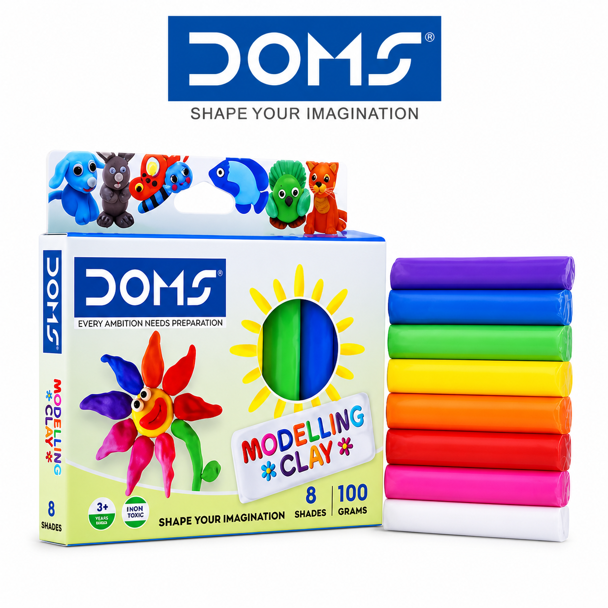 DOMS Modelling Clay 8 Shades | Non-Toxic Soft Clay for Kids – Easy to Shape, Bright Colors for Creative Play, School Projects & Art & Craft