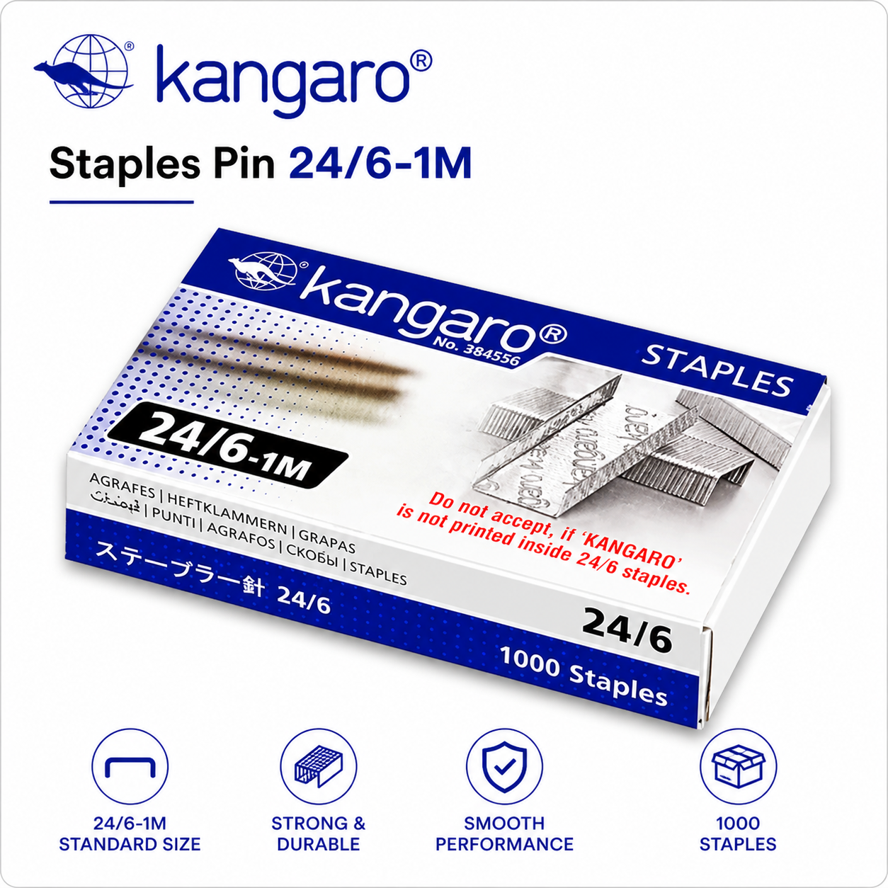 Kangaro Staples Pin 24/6-1M | Strong Hold, Rust-Resistant Steel Staples | Smooth Jam-Free Performance for Office, School & Business Use