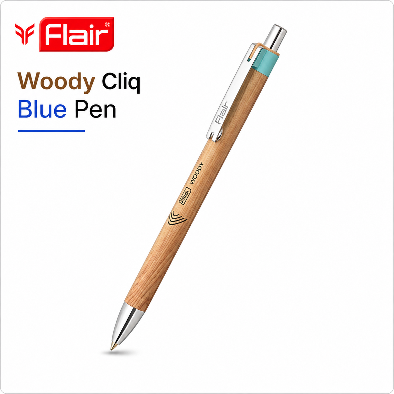 Flair Woody Cliq Blue Pen | Smooth Blue Ink, Click Mechanism & Wooden Finish Grip | Stylish Everyday Writing for Students, Office & Professionals