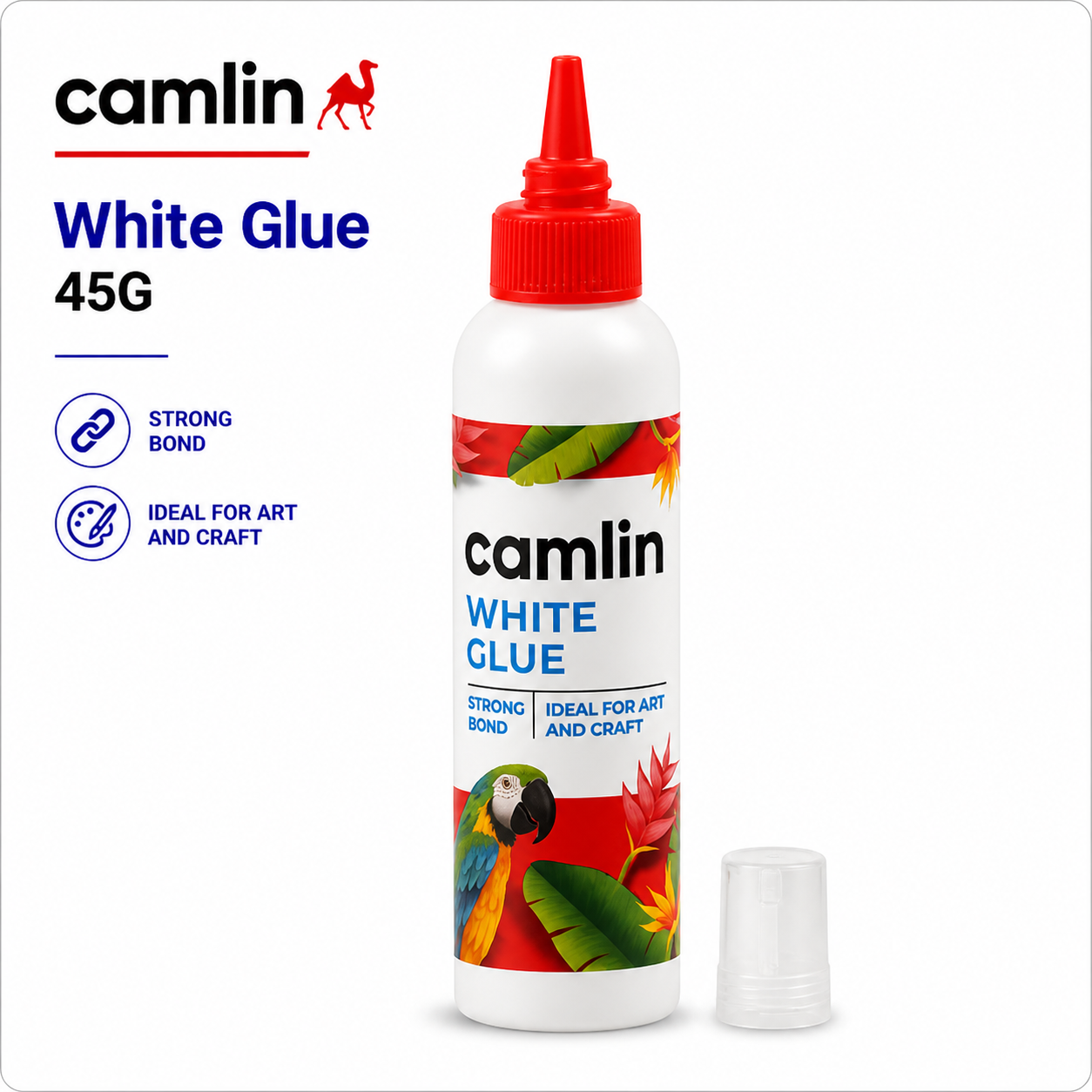 Camlin White Glue 45G | Strong Bond, Dries Clear & Washable | Non-Toxic Multipurpose Adhesive for School, Craft, DIY & Office Use