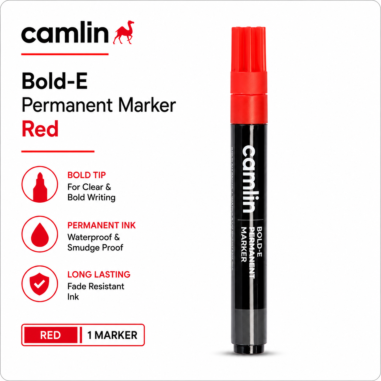 Camlin Bold-E Permanent Marker Red | Quick Dry, Smudge-Proof Bold Ink | Multi-Surface Writing for Office, School, Industrial & Creative Use
