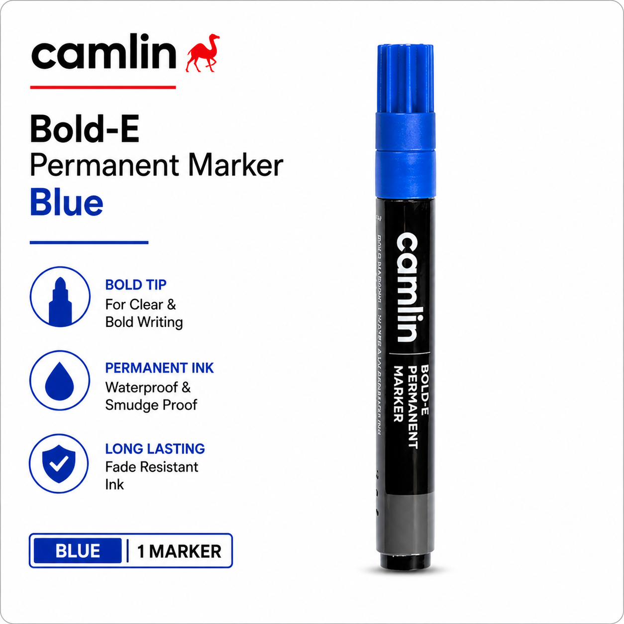 Camlin Bold-E Permanent Marker Blue | Quick Dry, Smudge-Proof Bold Ink | Multi-Surface Writing for Office, School, Industrial & Art Use