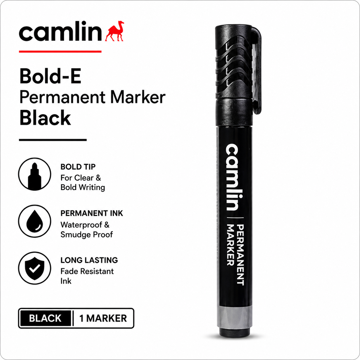 Camlin Bold-E Permanent Black Marker | Deep Black Ink, Smudge-Proof & Quick Dry | Multi-Surface Writing for Office, School & Art Use