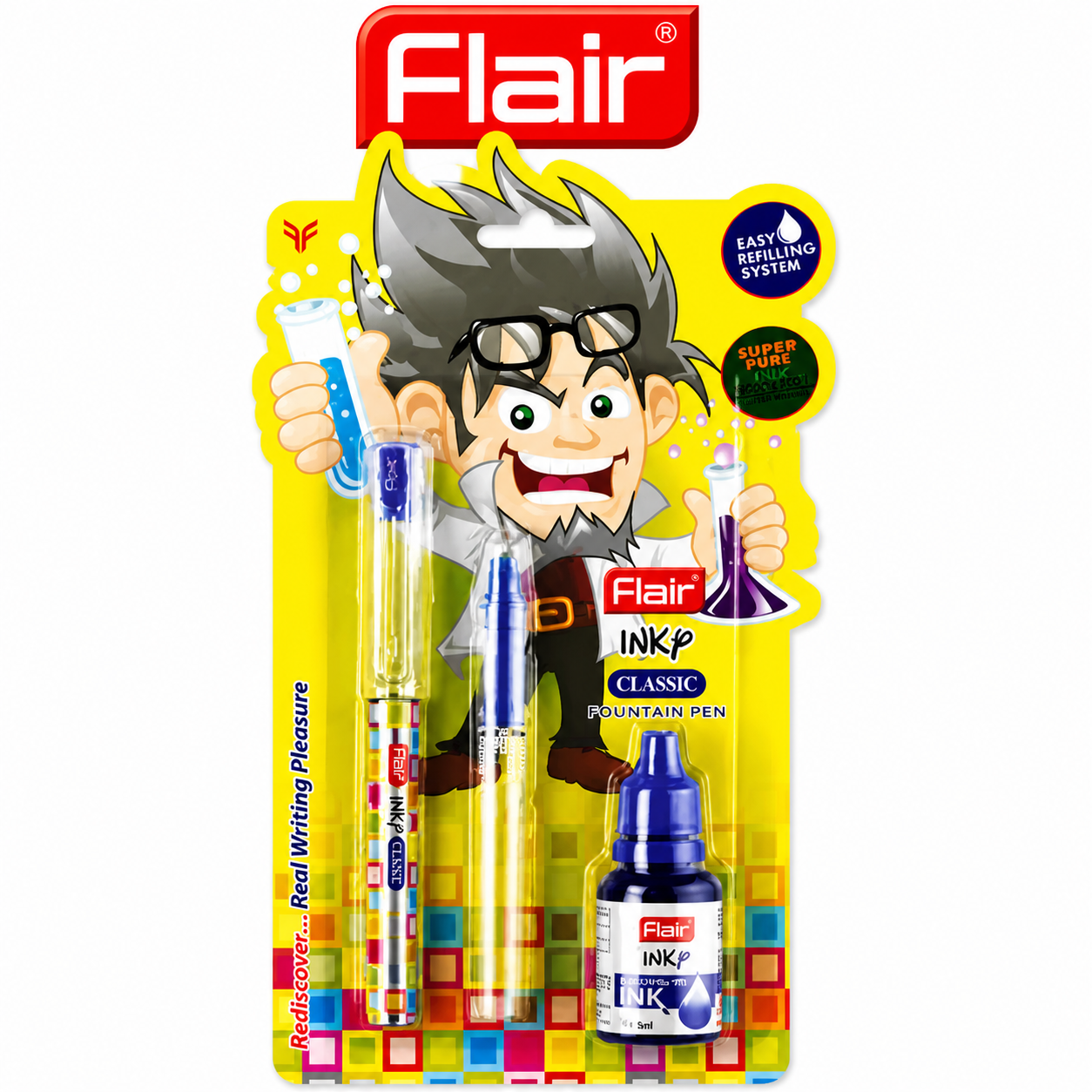 Flair Classic Inky Fountain Pen Pack of 2 | Smooth Writing Blue Ink Pens with Ink Bottle & Cartridge – Refillable, Comfortable Grip for Students & Professionals
